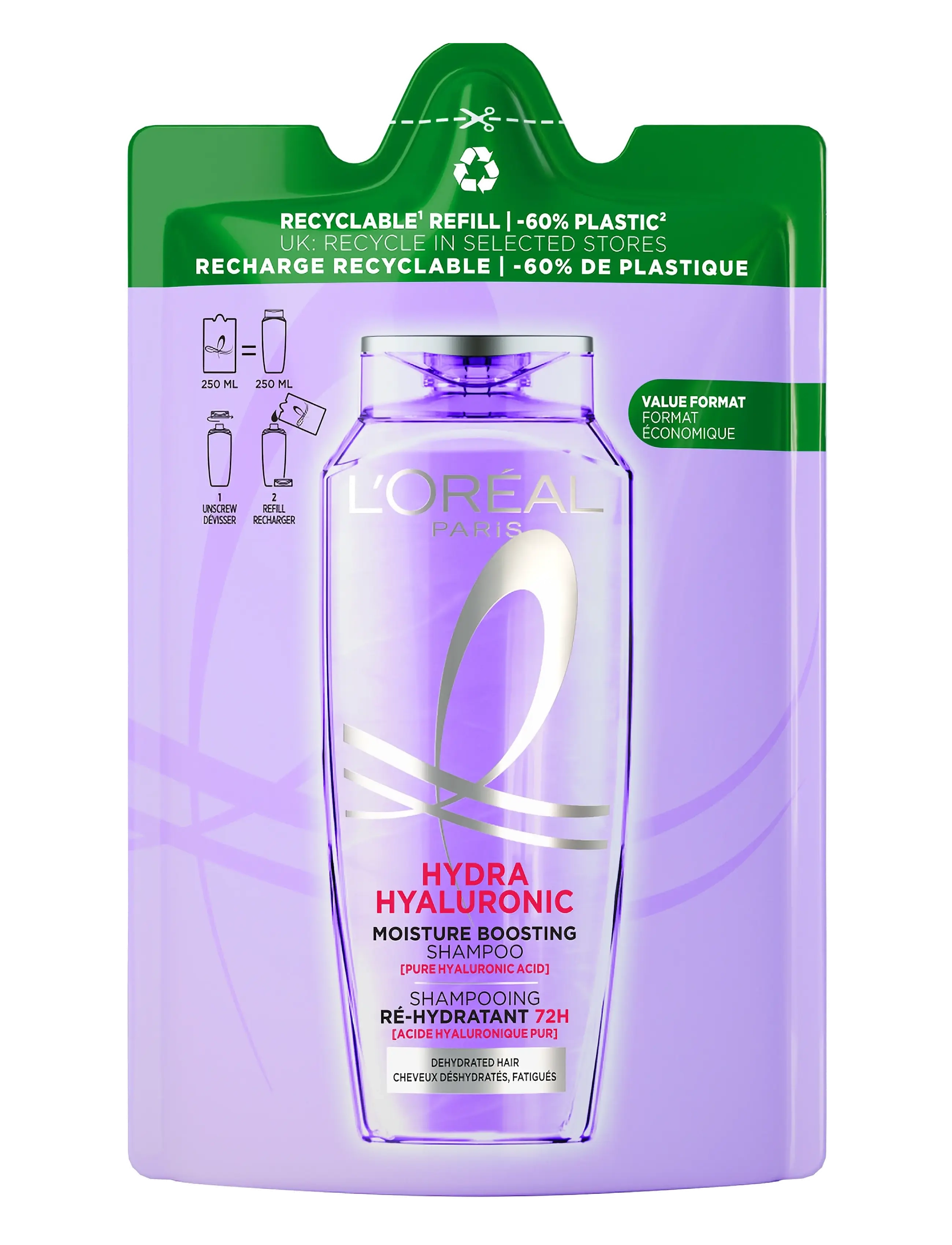 L'Oréal Paris Elvital Hyaluron Plump Shampoo Refill For Dehydrated Hair 250 Ml, Shampoo, Nude, Str: 250 ML