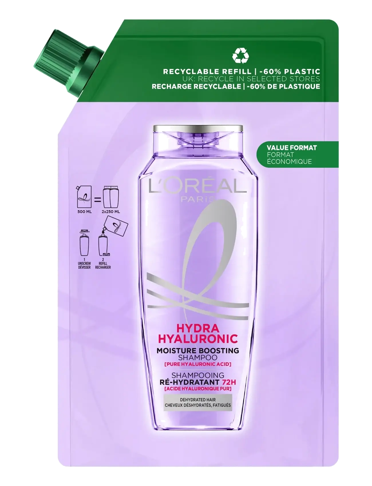 L'Oréal Paris L'oréal Paris Elvital Hyaluron Plump Shampoo Refill For Dehydrated Hair 500 ml, 500 ml, Nude, Pleje > Shampoo, Dame