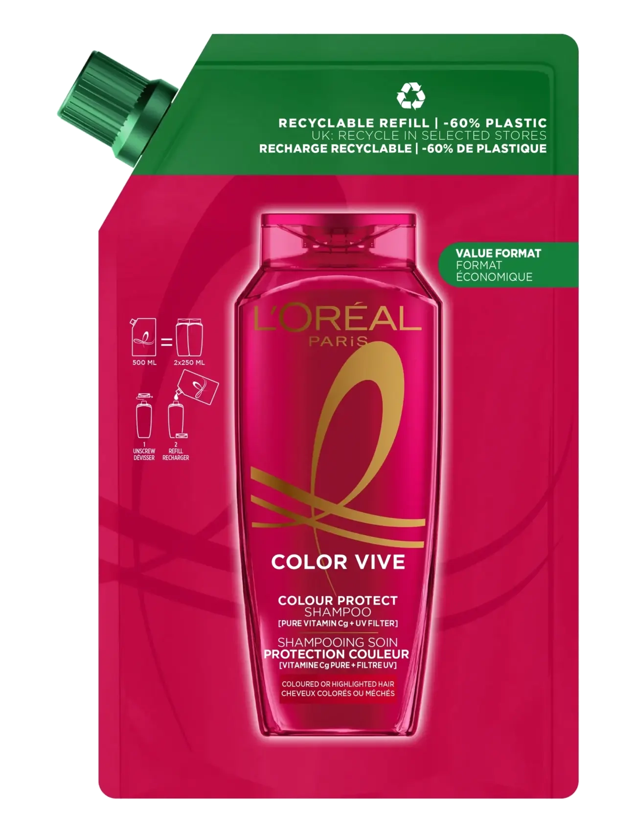 L'Oréal Paris Elvital Color Vive Shampoo Refill For Colored Hair 500 Ml, Shampoo, Nude, Str: 500 ML