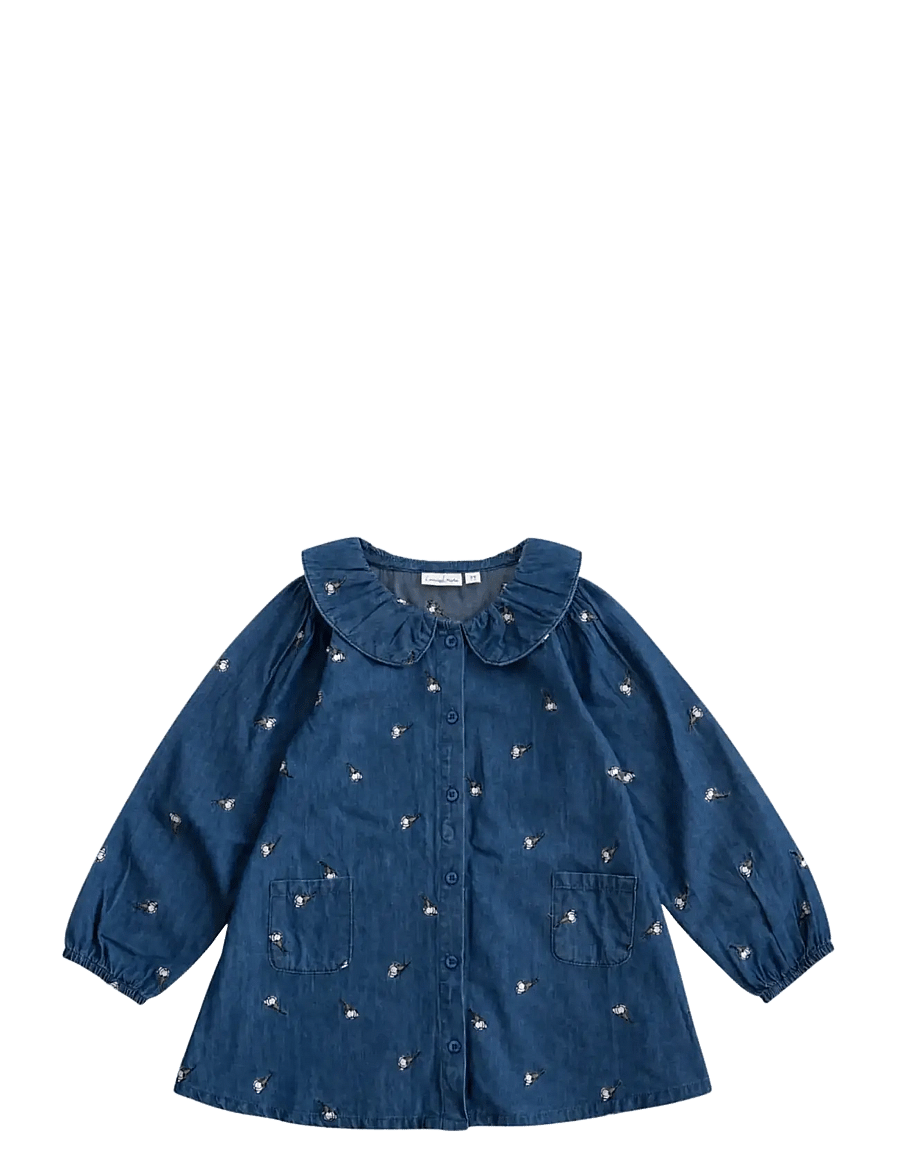 LouieLouie - Klara dress - denim - langärmelige babykleider - white flowers rose - emb - 1