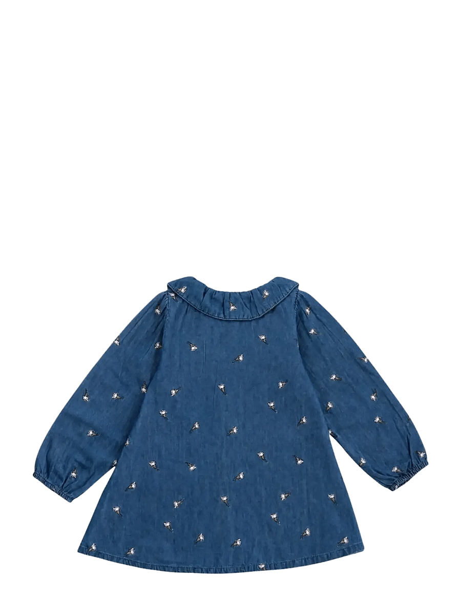 LouieLouie - Klara dress - denim - langärmelige babykleider - white flowers rose - emb - 2