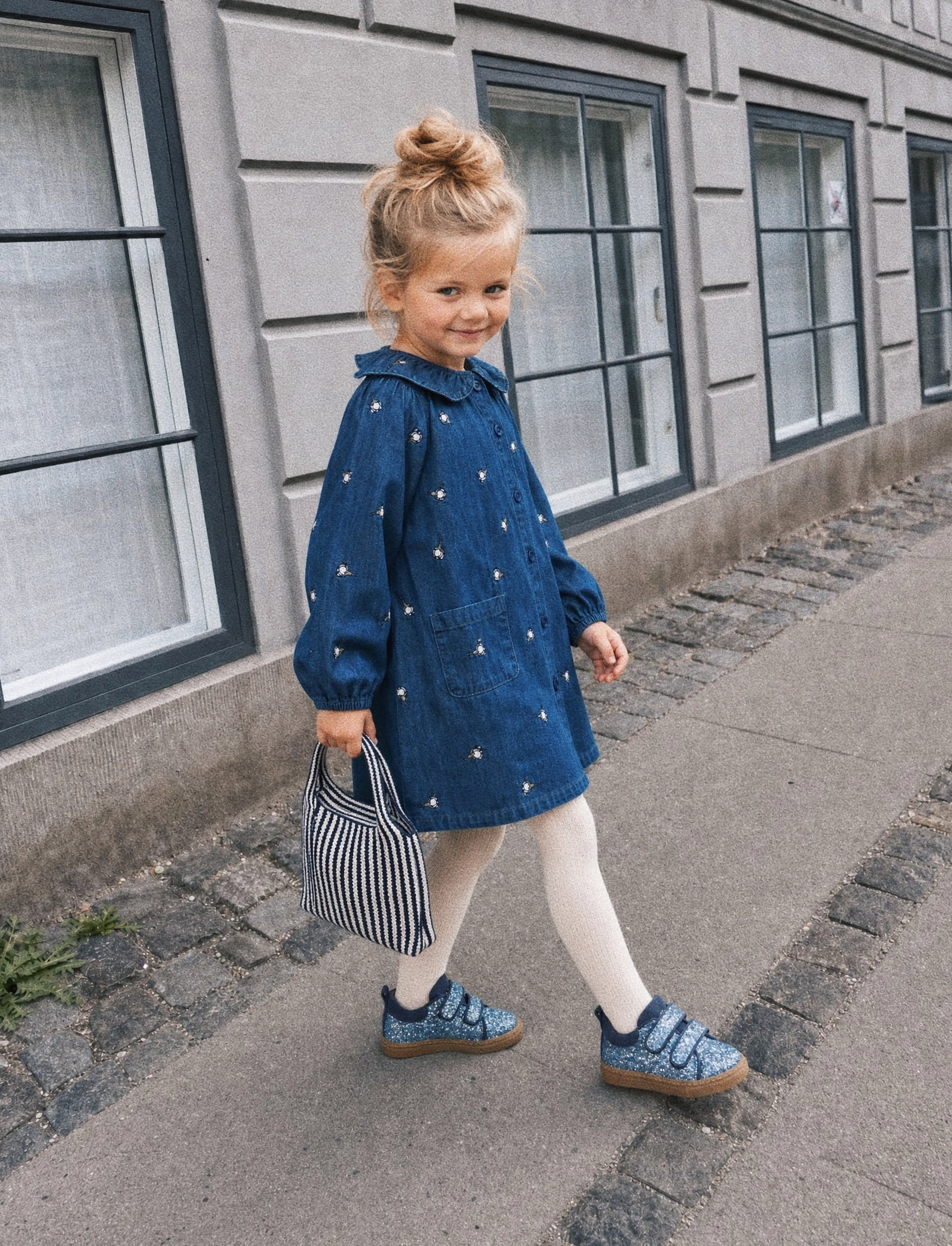 LouieLouie Klara dress - denim - Langärmelige Babykleider - WHITE FLOWERS ROSE - EMB / blue