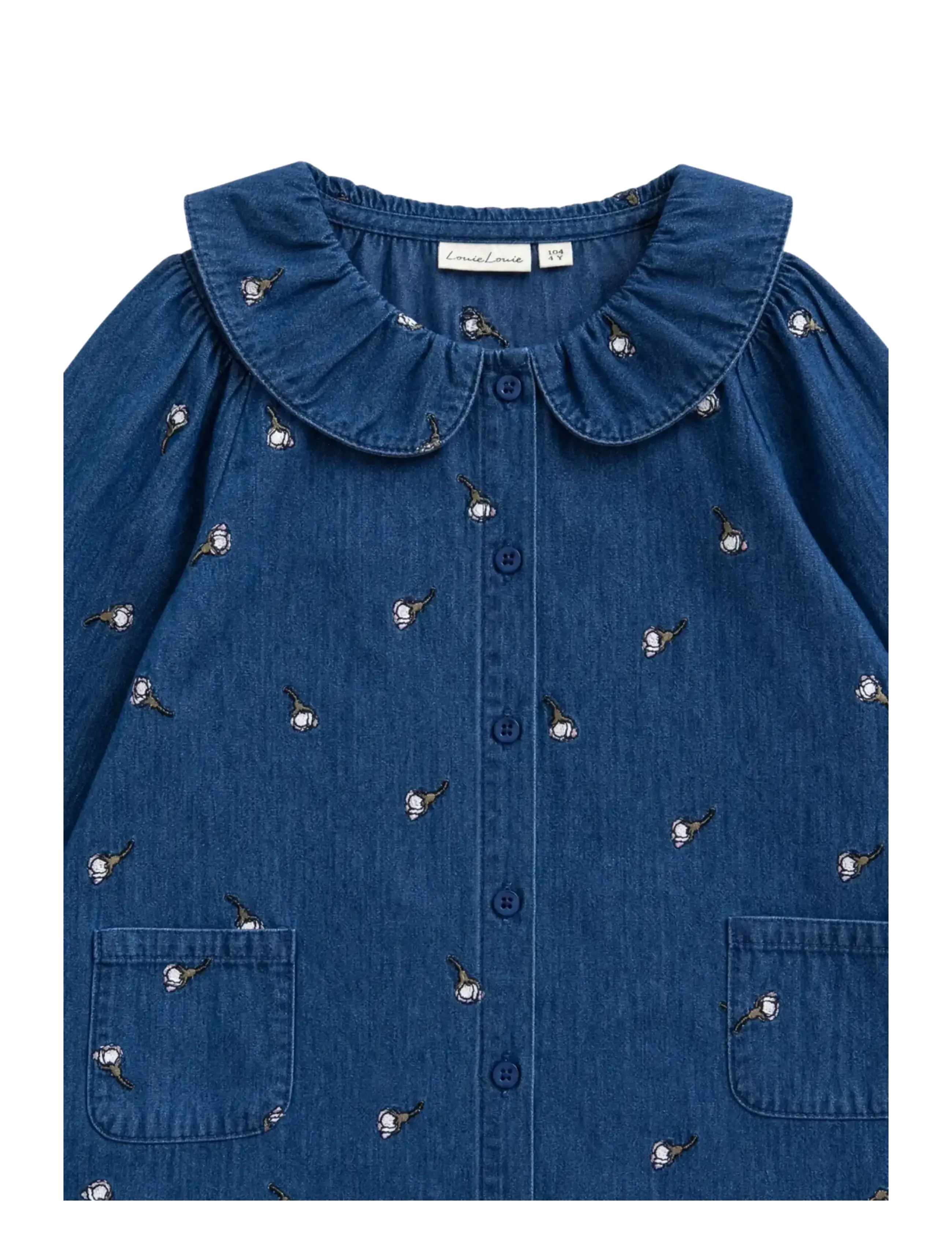 LouieLouie - Klara dress - denim - langärmelige babykleider - white flowers rose - emb - 3