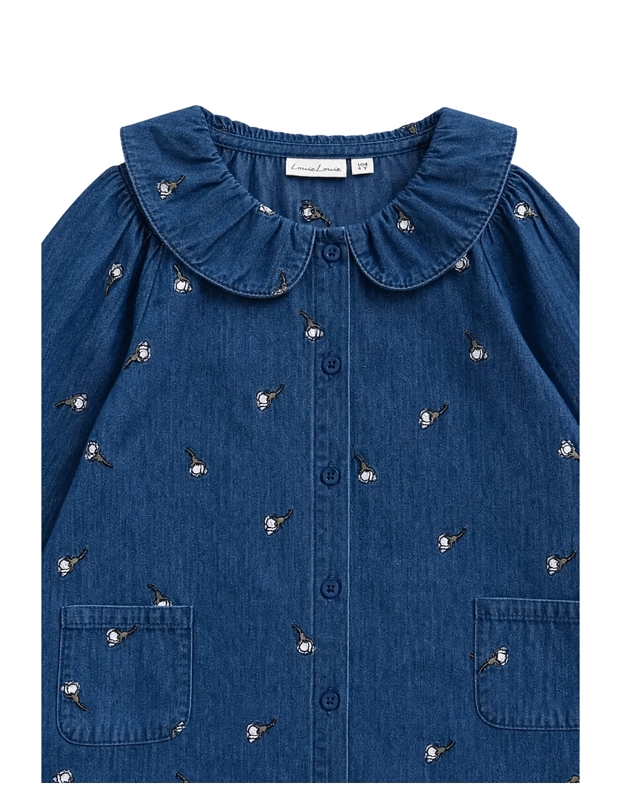 LouieLouie - Klara dress - denim - langärmelige babykleider - white flowers rose - emb - 3