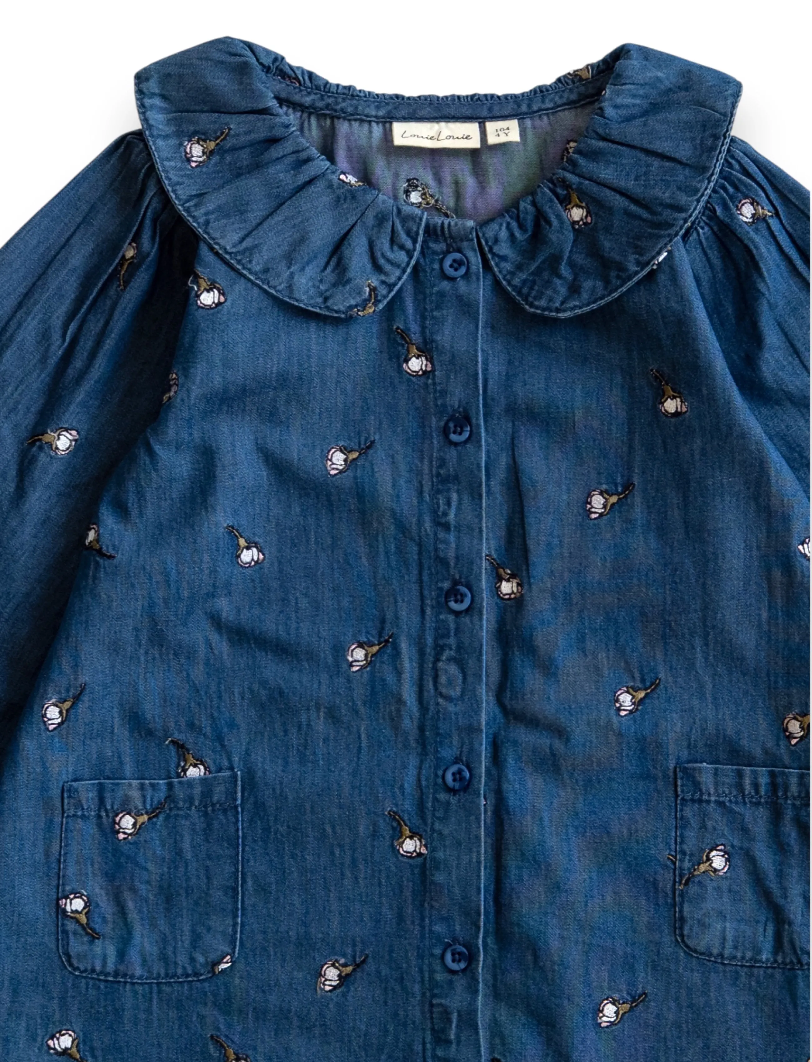 LouieLouie - Klara dress - denim - white flowers rose - emb - 2