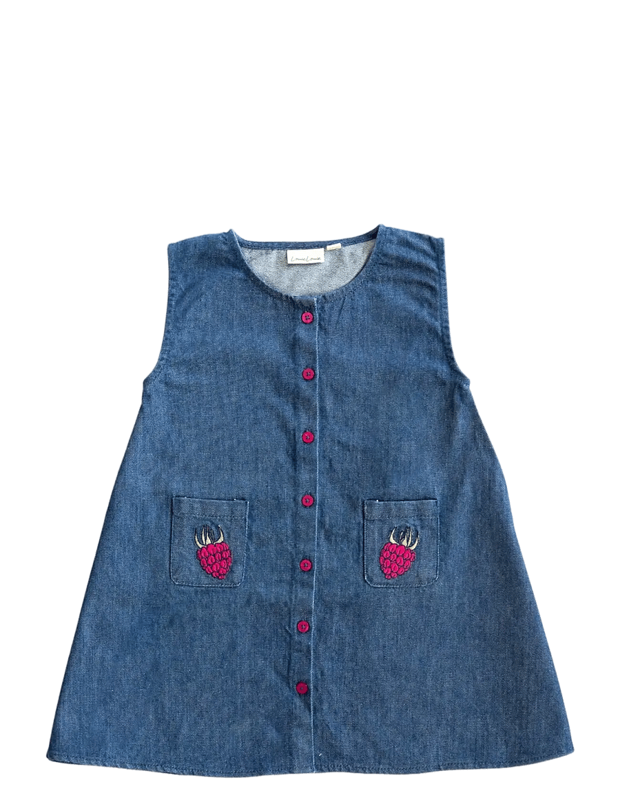 LouieLouie - Rose dress - Denim - varrukateta beebikleidid - raspberry on pocket - emb - 1
