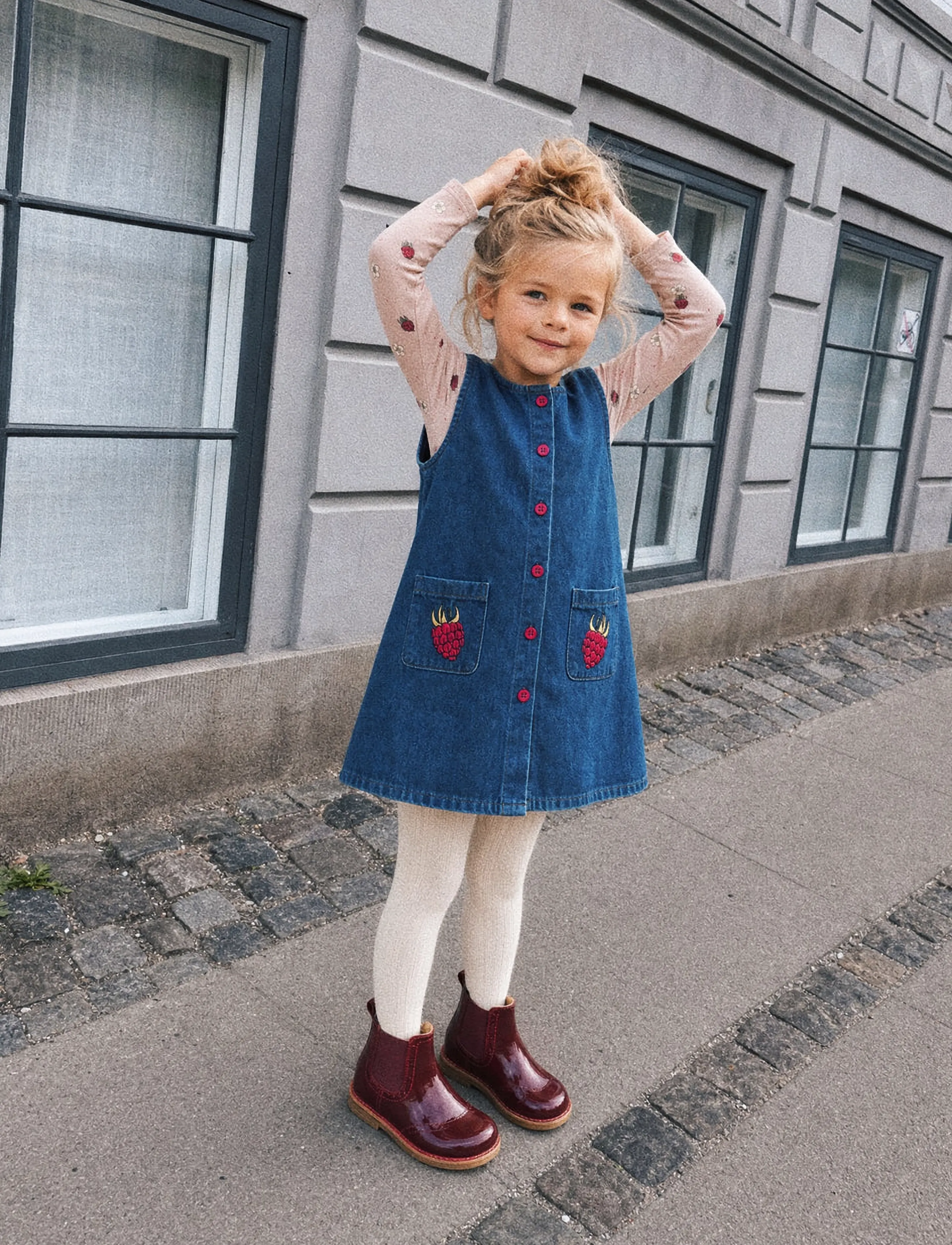 LouieLouie Rose dress - Denim - Sleeveless baby dresses - RASPBERRY ON POCKET - EMB / blue