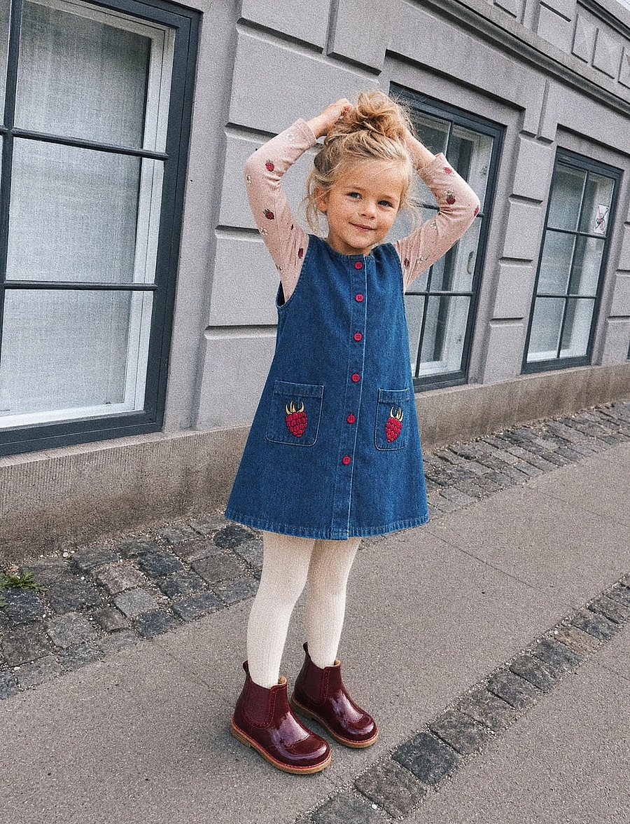 LouieLouie - Rose dress - Denim - varrukateta beebikleidid - raspberry on pocket - emb - 0
