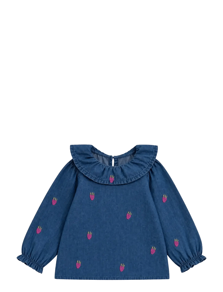 LouieLouie - Elinor ruffle blouse - Denim - pluusid ja tuunikad - small raspberries emb - 1