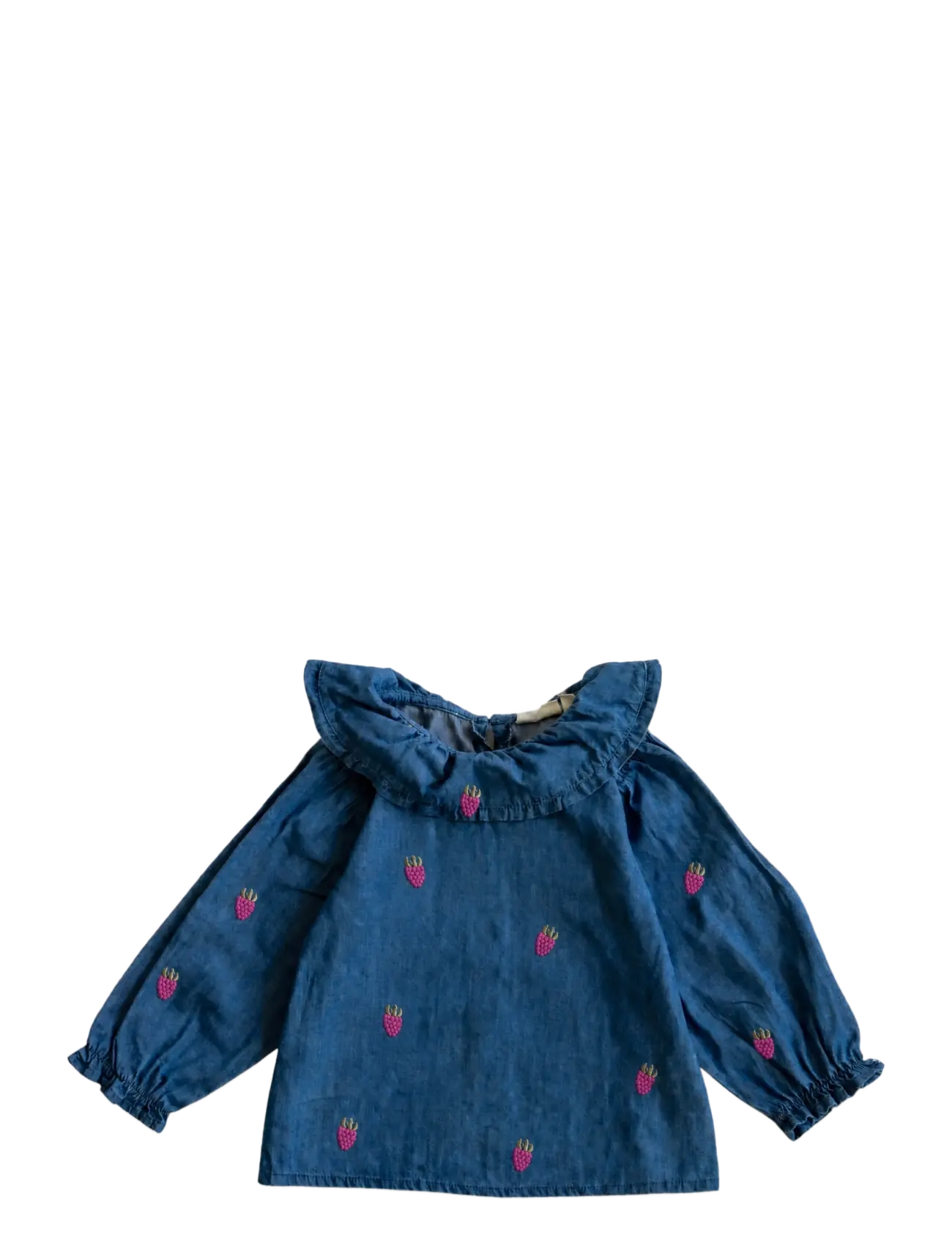 LouieLouie Elinor ruffle blouse - Denim - Shop by age - SMALL RASPBERRIES EMB / blue