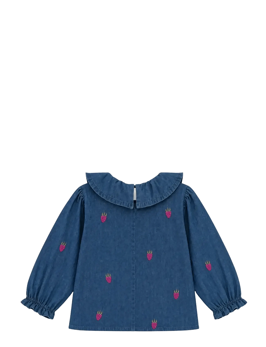 LouieLouie - Elinor ruffle blouse - Denim - pluusid ja tuunikad - small raspberries emb - 2