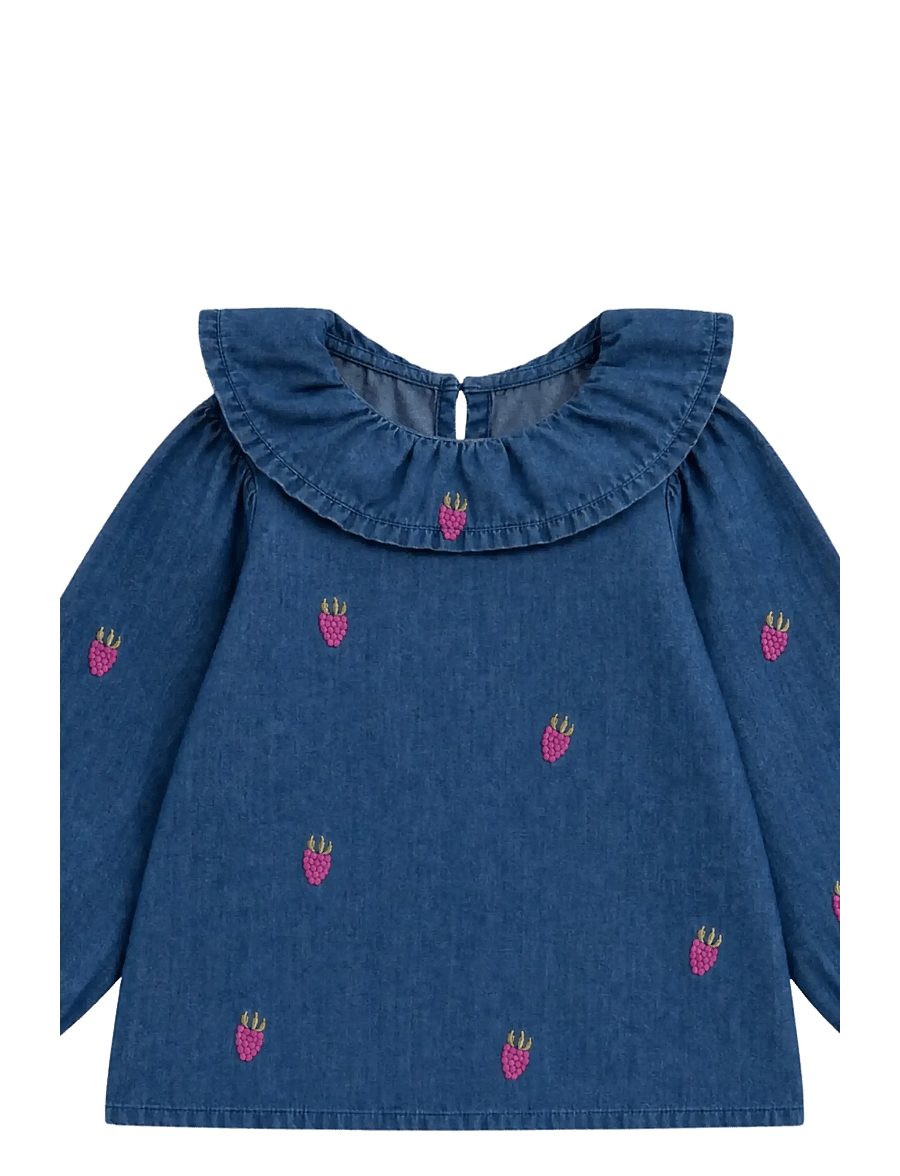 LouieLouie - Elinor ruffle blouse - Denim - pluusid ja tuunikad - small raspberries emb - 3