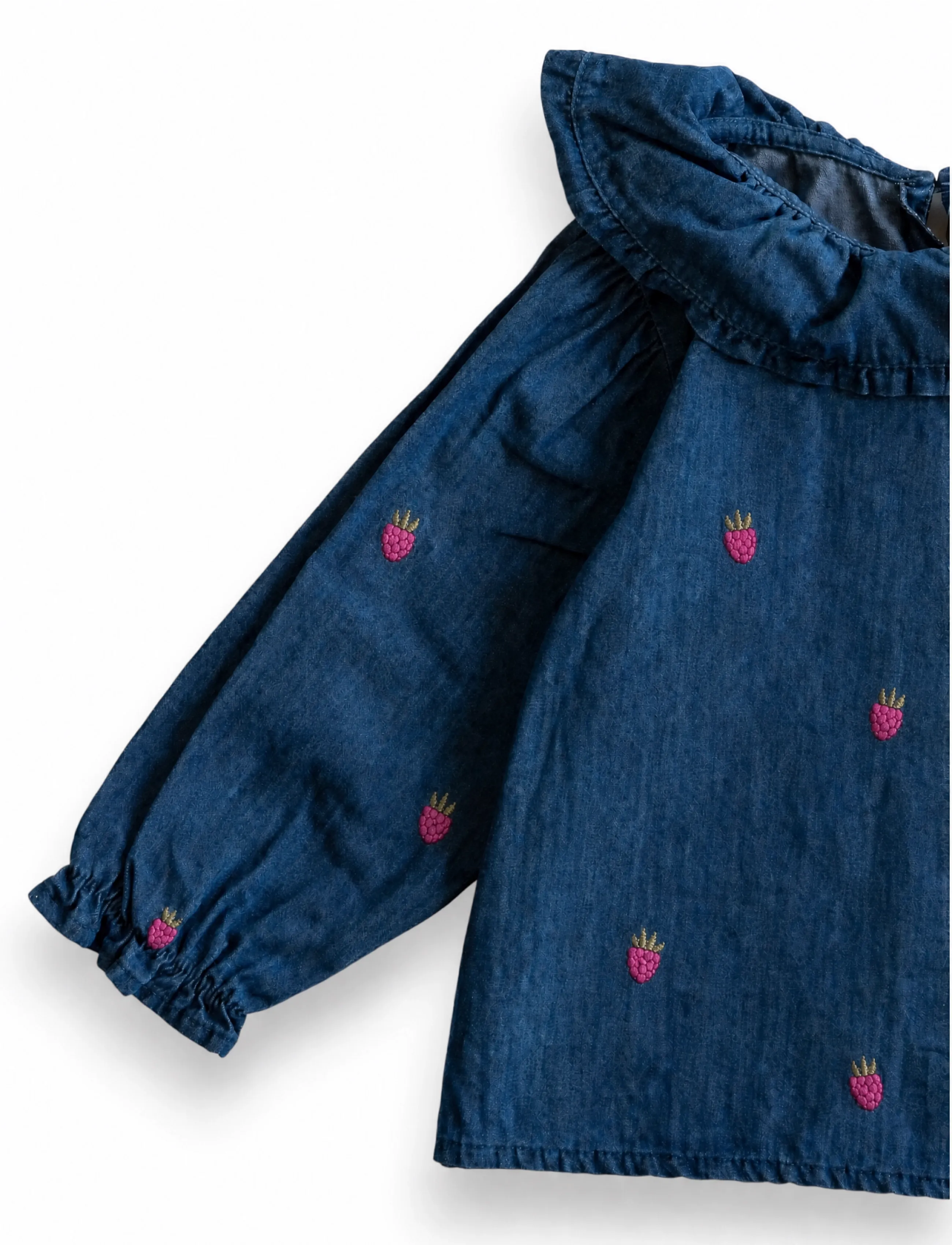 LouieLouie - Elinor ruffle blouse - Denim - small raspberries emb - 2