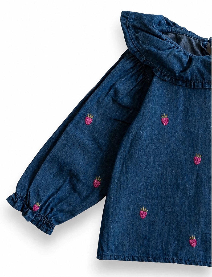 LouieLouie - Elinor ruffle blouse - Denim - blusar & tunikor - small raspberries emb - 2