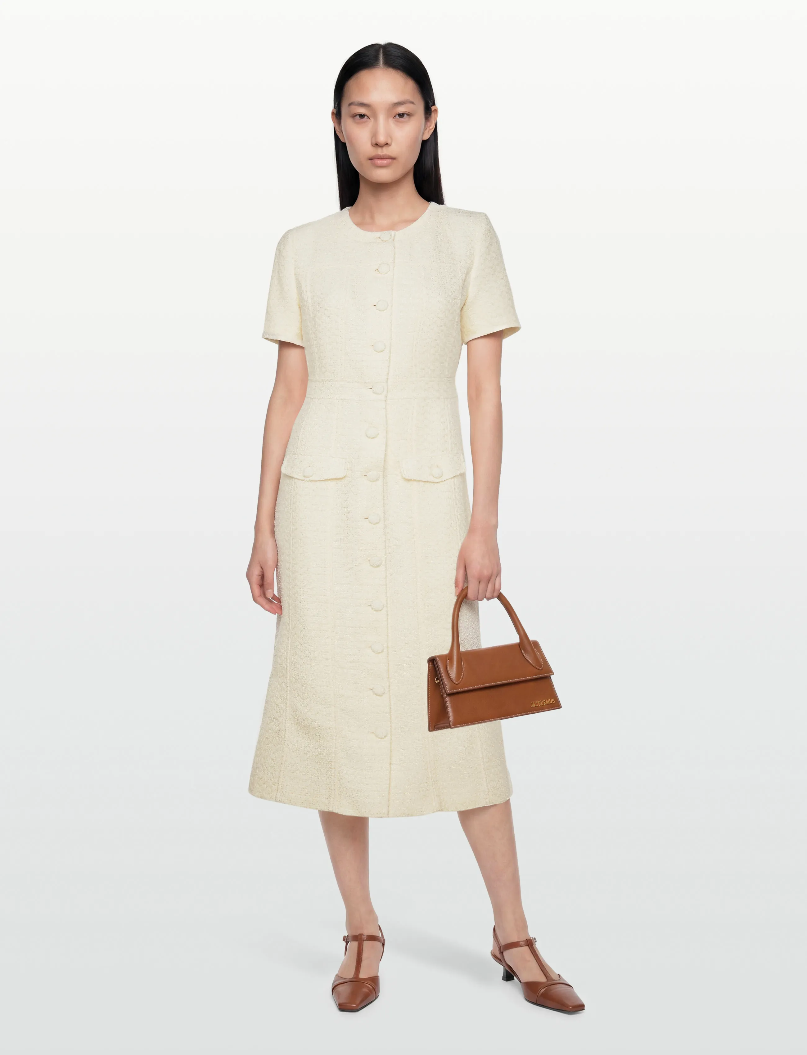 Love Lolina Stassie Midi Dress, Kvinder, Knaplukning Midi Kjole, Cream, Str: M