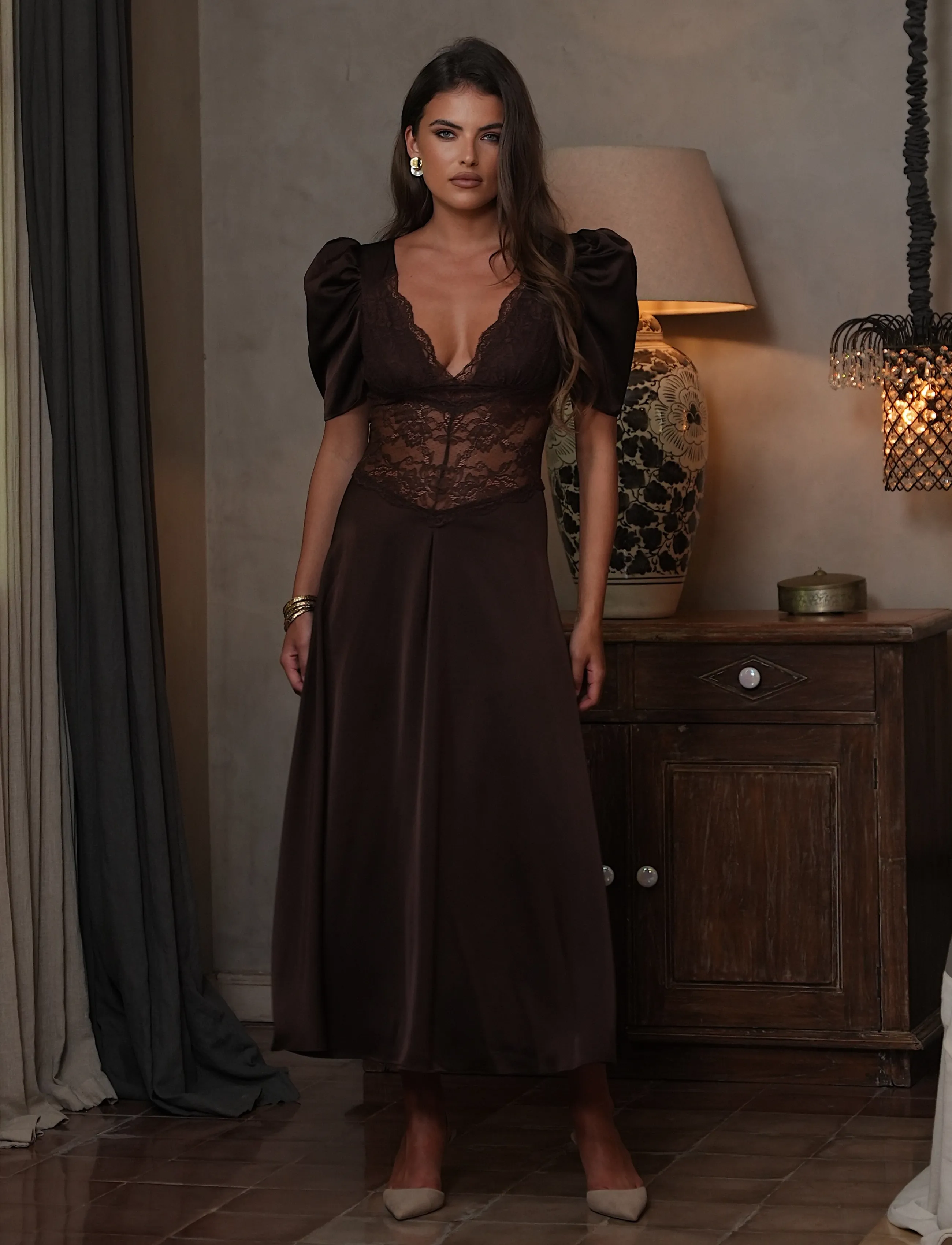 Love Lolina Francis Lace Midi Dress, M, Brown, Kjoler > Knælange Og Midi, Dame