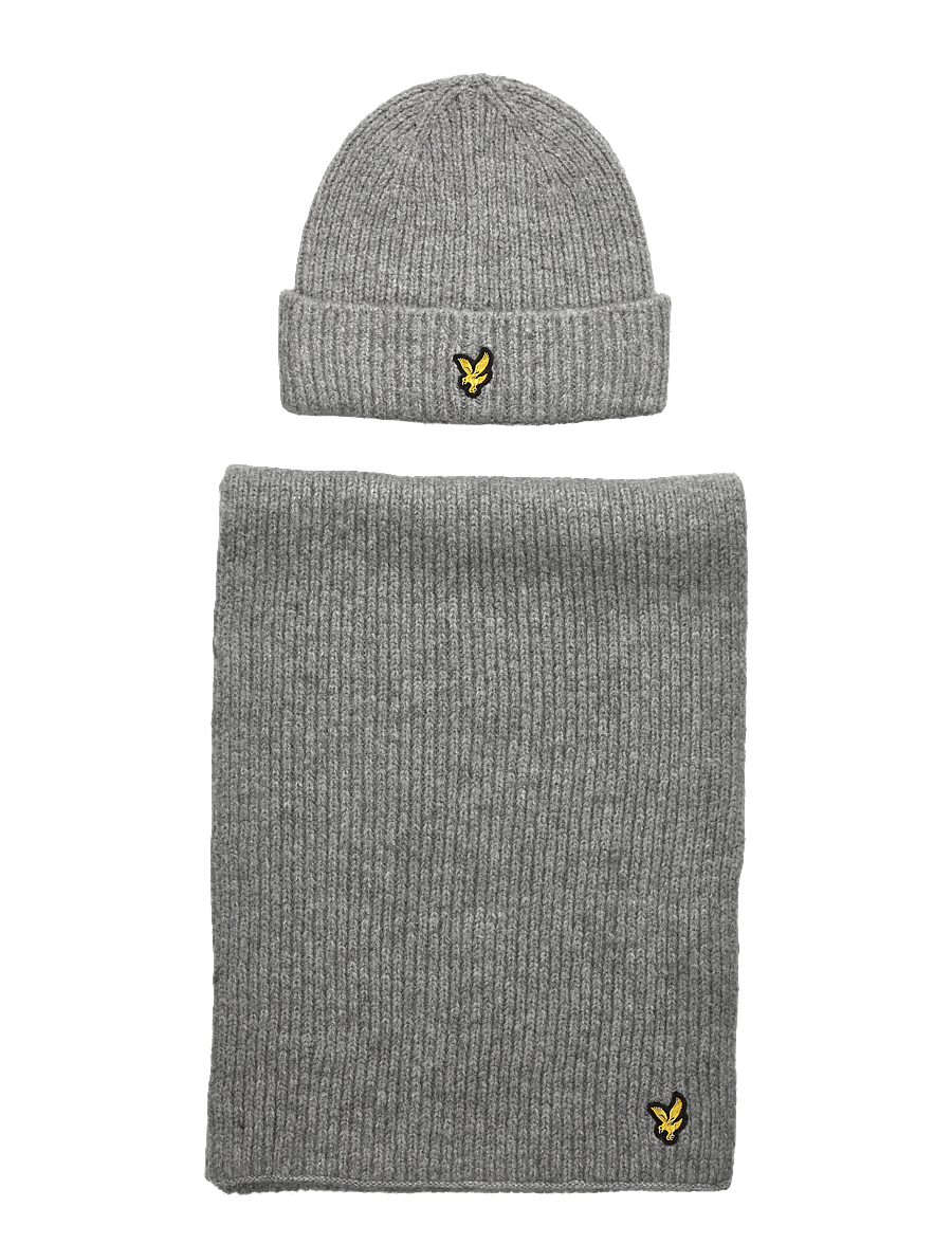 Lyle & Scott - Brushed Scarf and Beanie Set - halstørklæder - d24 light grey marl - 0