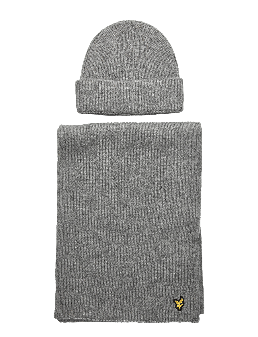 Lyle & Scott - Brushed Scarf and Beanie Set - halstørklæder - d24 light grey marl - 1