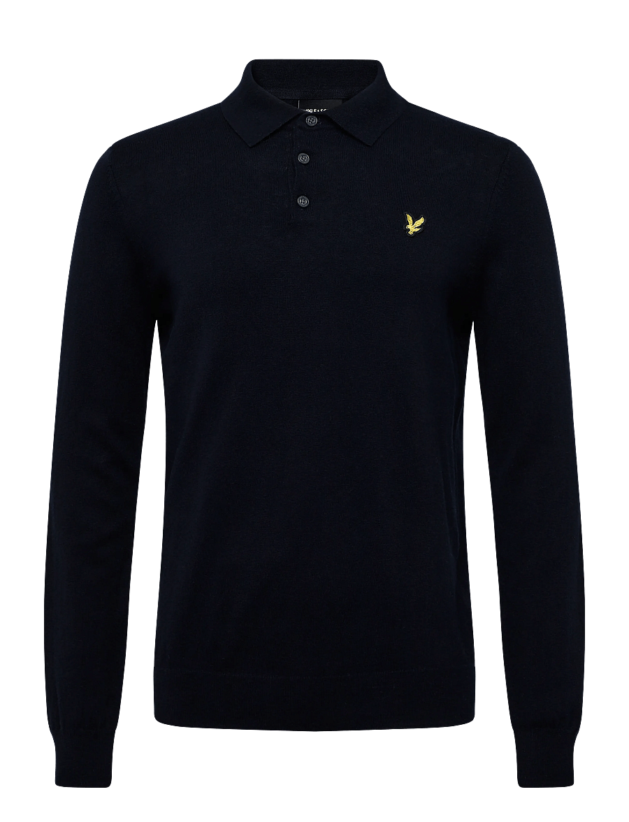 Lyle & Scott - Cotton Merino Long Sleeve Knitted Polo - långärmade stickade pikétröjor - dark navy - 0