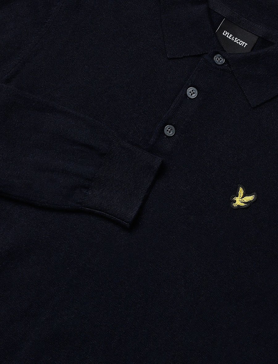 Lyle & Scott - Cotton Merino Long Sleeve Knitted Polo - långärmade stickade pikétröjor - dark navy - 2