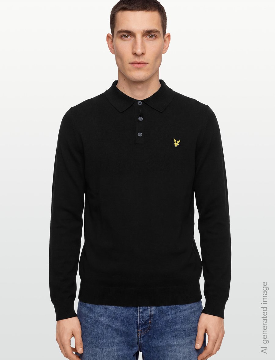 Lyle & Scott - Cotton Merino Long Sleeve Knitted Polo - pikkade varrukatega kootud polod - jet black - 3
