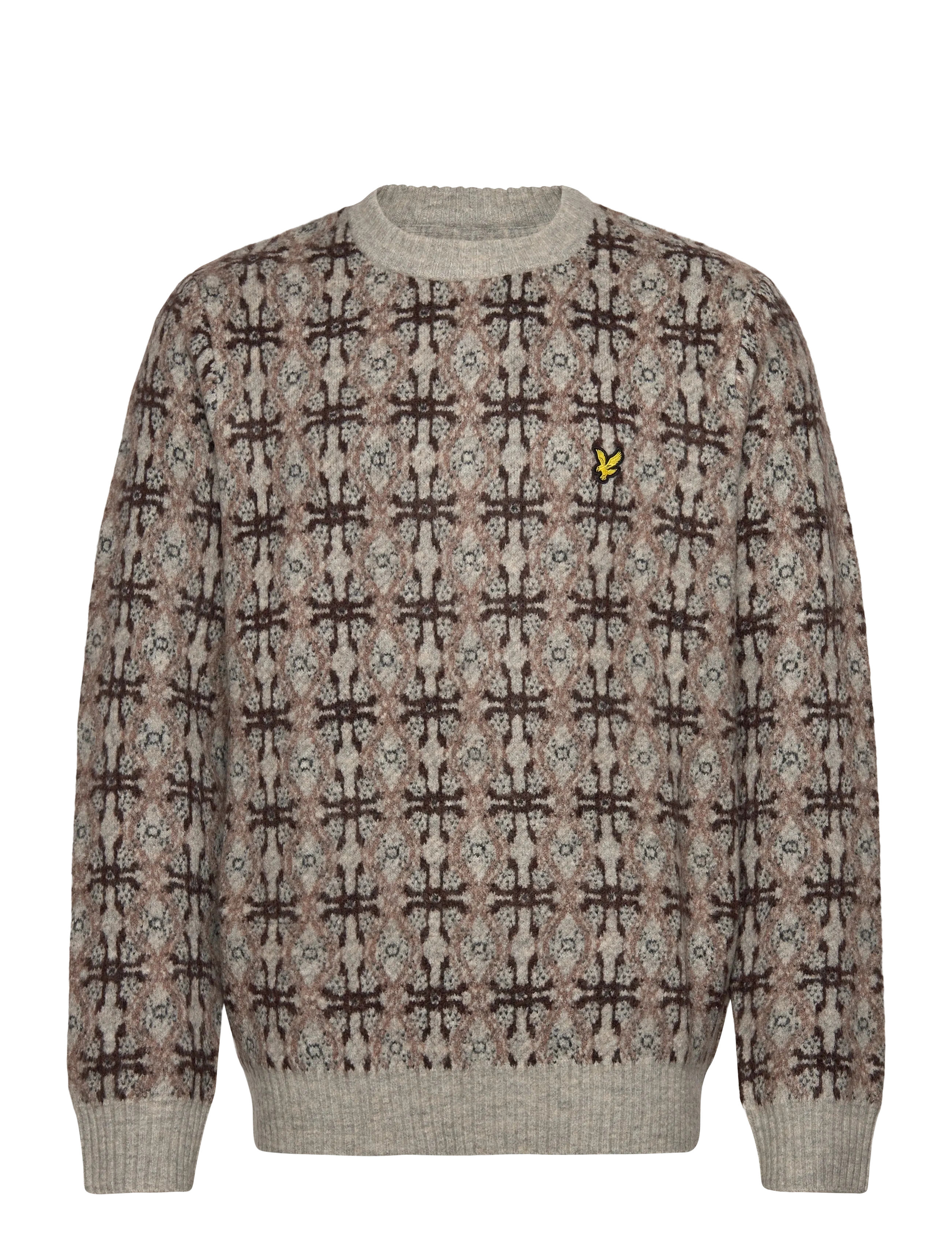 Lyle & Scott Brushed Intarsia Crew Neck Jumper - Strickmode - D24 LIGHT GREY MARL / brown