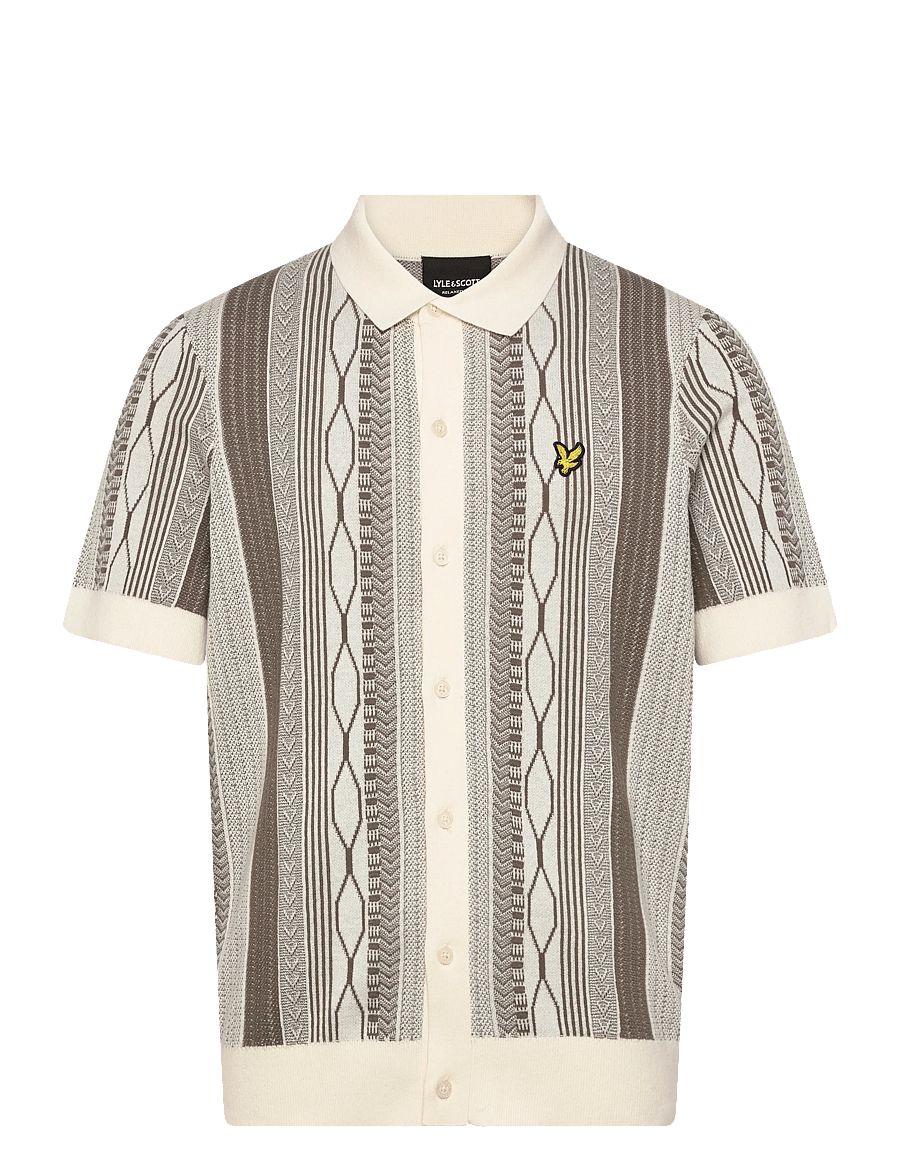 Lyle & Scott - Brocade Jacquard Short Sleeve Knitted Shirt - langärmlige strick-polohemden - ice cream/ khaki ash - 1