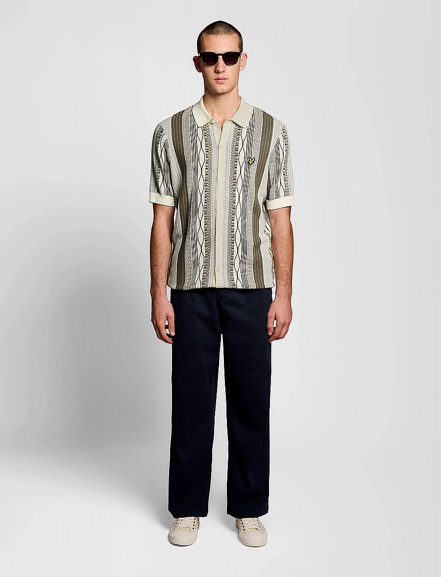 Lyle & Scott - Brocade Jacquard Short Sleeve Knitted Shirt - langärmlige strick-polohemden - ice cream/ khaki ash - 4