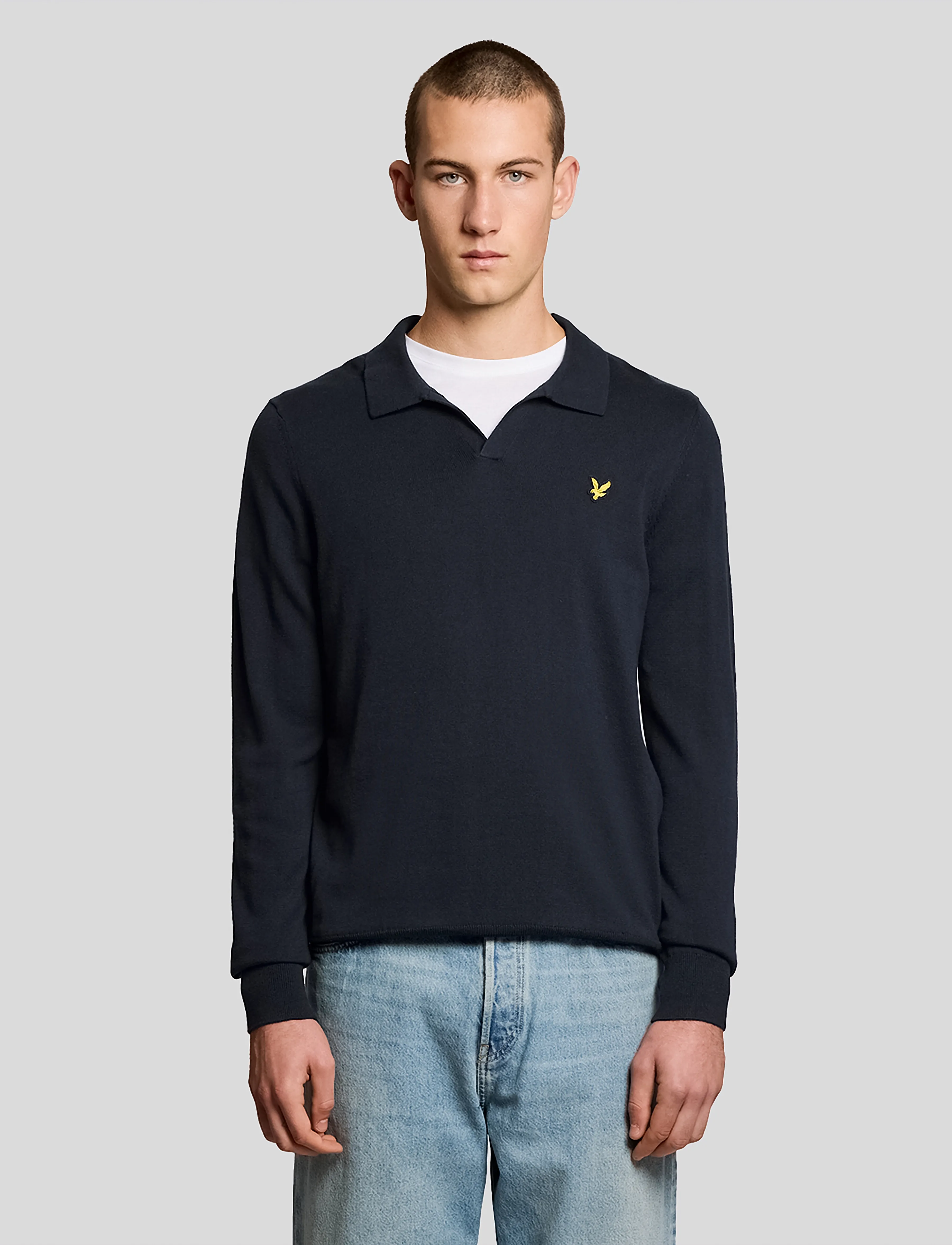 Lyle & Scott Cotton Long Sleeve Polo Collar Jumper, Mænd, Langærmet Polo Jumper, Navy, Str: M