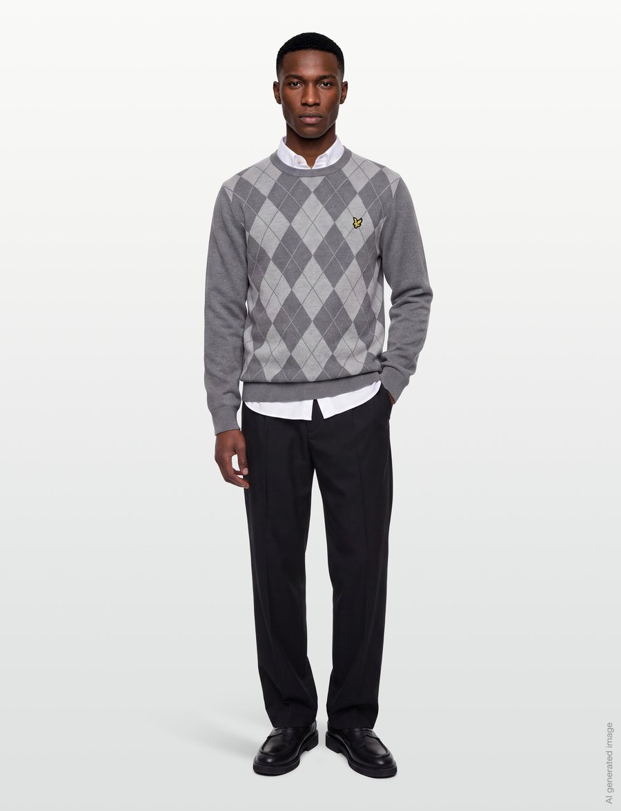 Lyle & Scott - Cotton Merino Argyle Jumper - rund hals - mid grey marl / light grey marl - 0