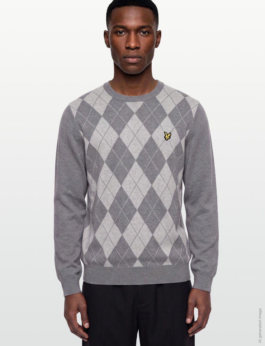 Lyle & Scott - Cotton Merino Argyle Jumper - rund hals - mid grey marl / light grey marl - 3