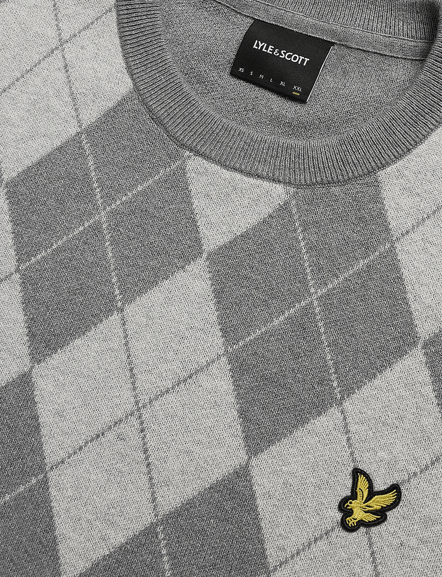 Lyle & Scott - Cotton Merino Argyle Jumper - rund hals - mid grey marl / light grey marl - 5