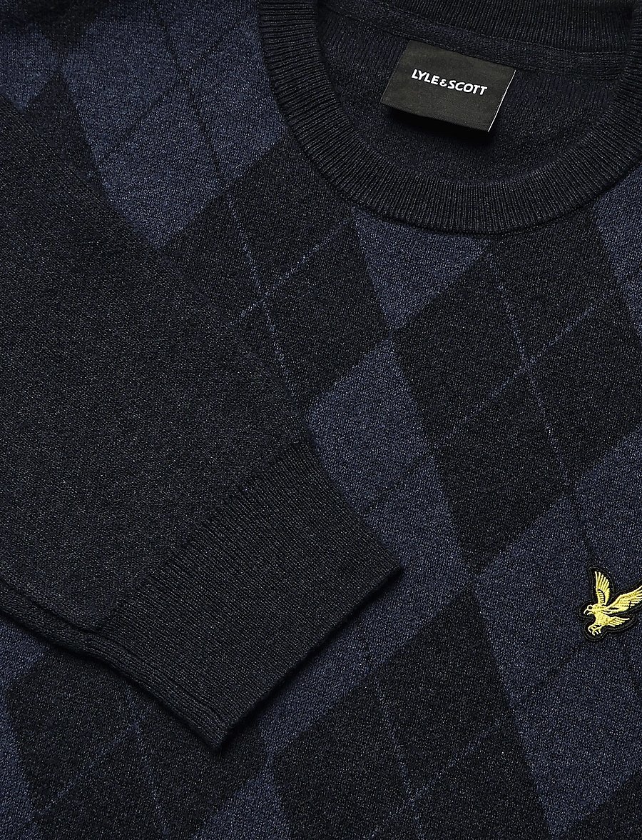 Lyle & Scott - Cotton Merino Argyle Jumper - round necks - dark navy marl / mid navy marl - 2