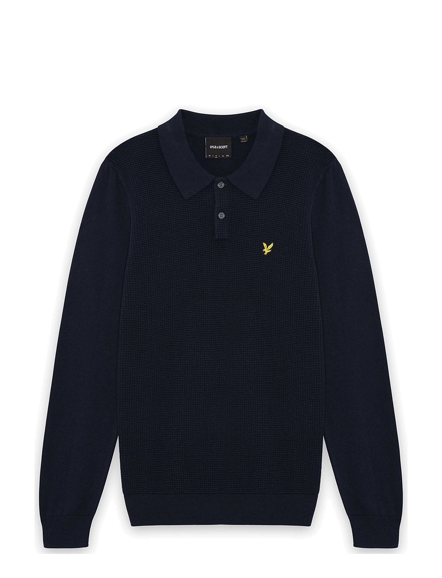 Lyle & Scott - Panelled Waffle Knitted Polo - langärmelige strick-polohemden - dark navy - 0