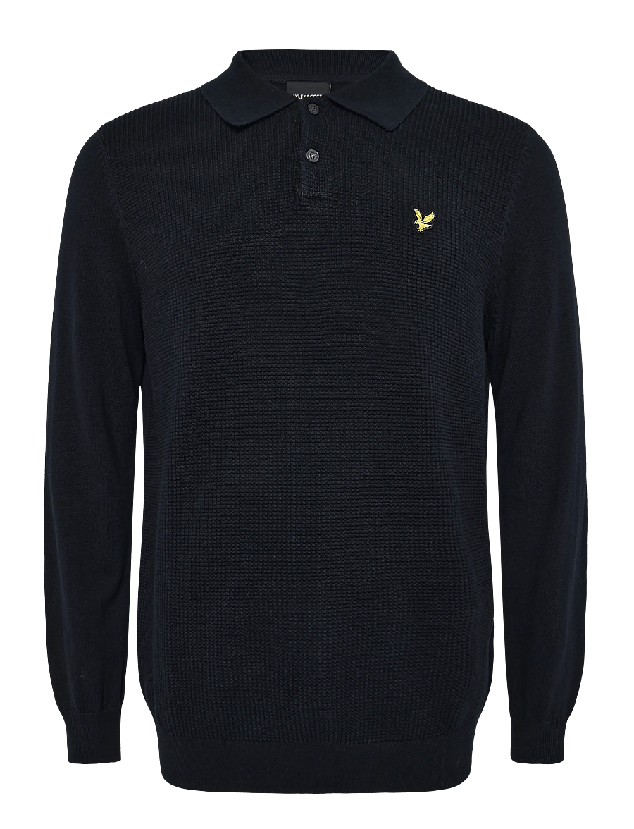 Lyle & Scott - Panelled Waffle Knitted Polo - long-sleeved knitted polos - dark navy - 0