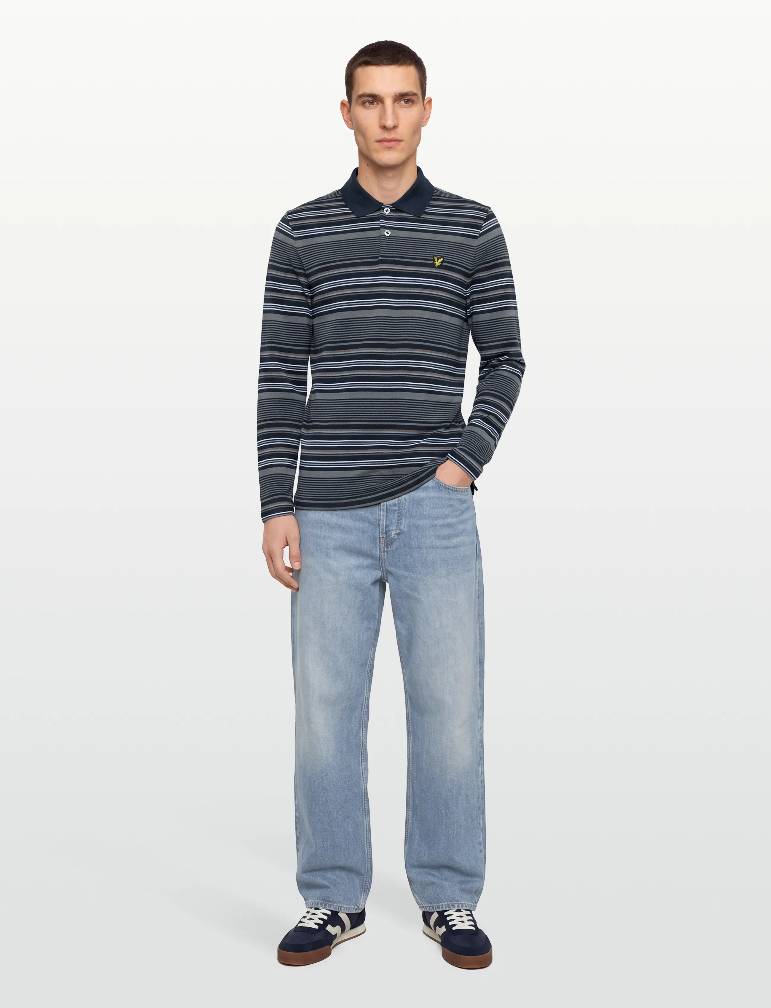 Lyle & Scott Multi Stripe Long Sleeve Polo Shirt, XS, Polos, Marineblau - Long-sleeved, Männerswear