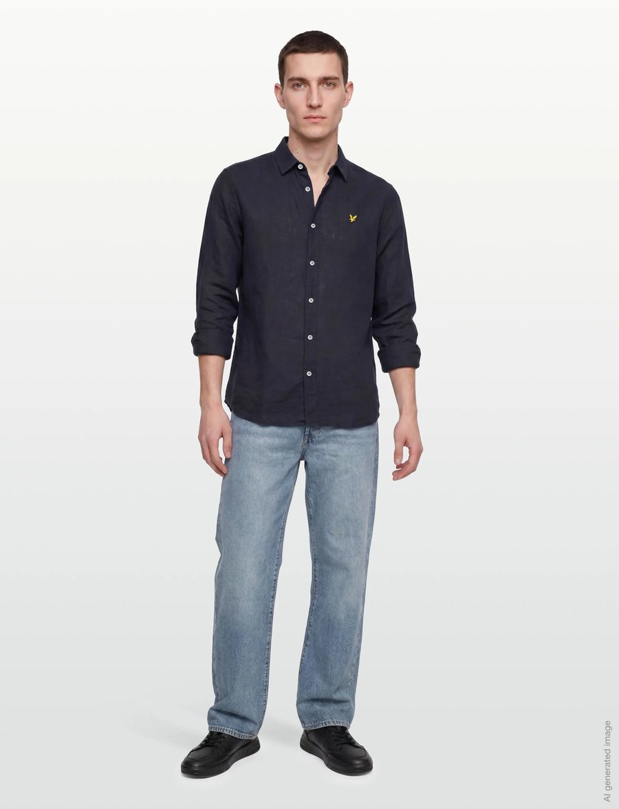 Lyle & Scott - Long Sleeve Linen Blend Shirt - linneskjortor - dark navy - 0