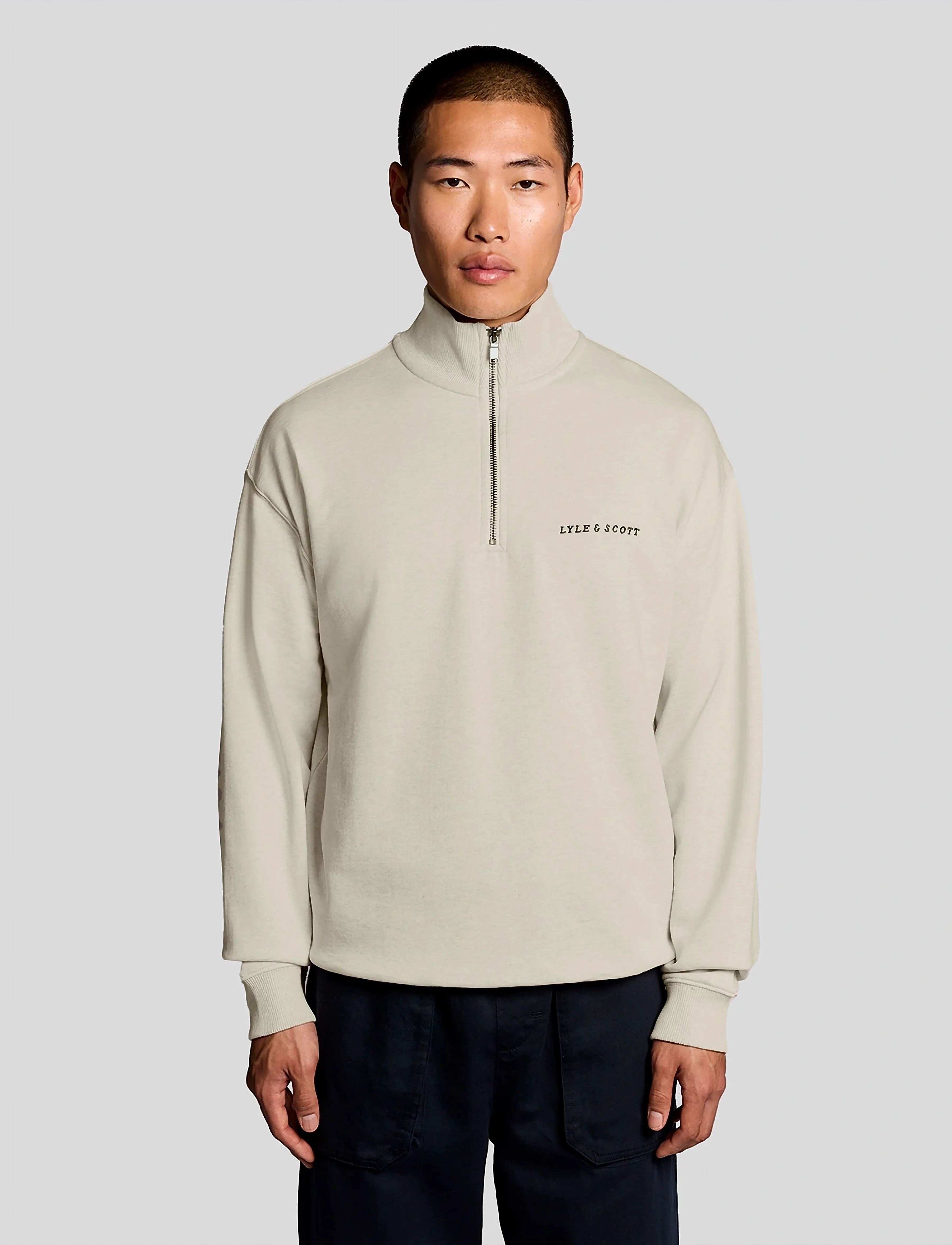 Lyle & Scott Script Heavyweight Loopback Quarter Zip Sweatshirt, Mænd, Quarter Zip Sweatshirt, Beige, Str: XXL