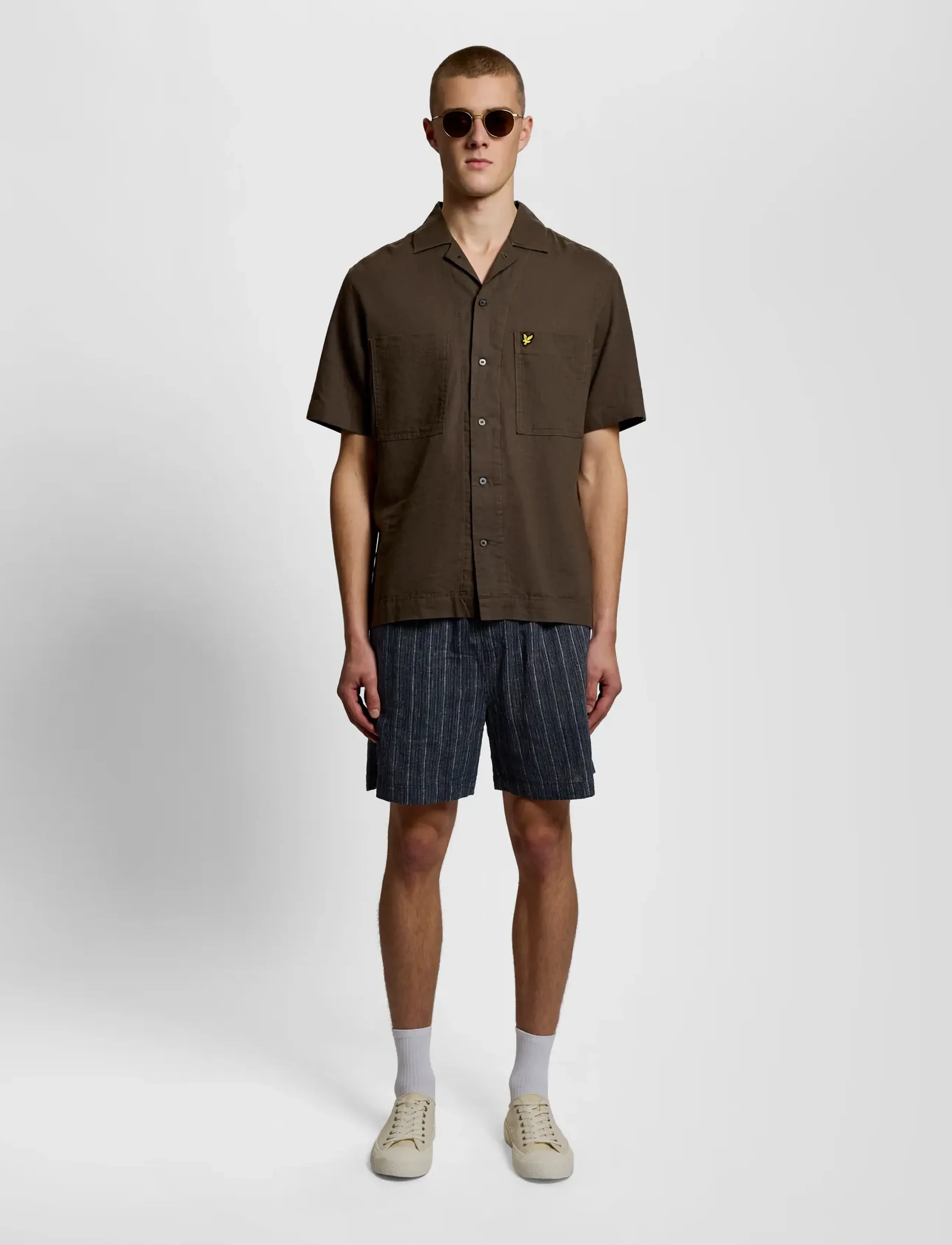 Lyle & Scott Linen Blend Ticking Stripe Short, S, Navy, Shorts > Linen Shorts, Herre