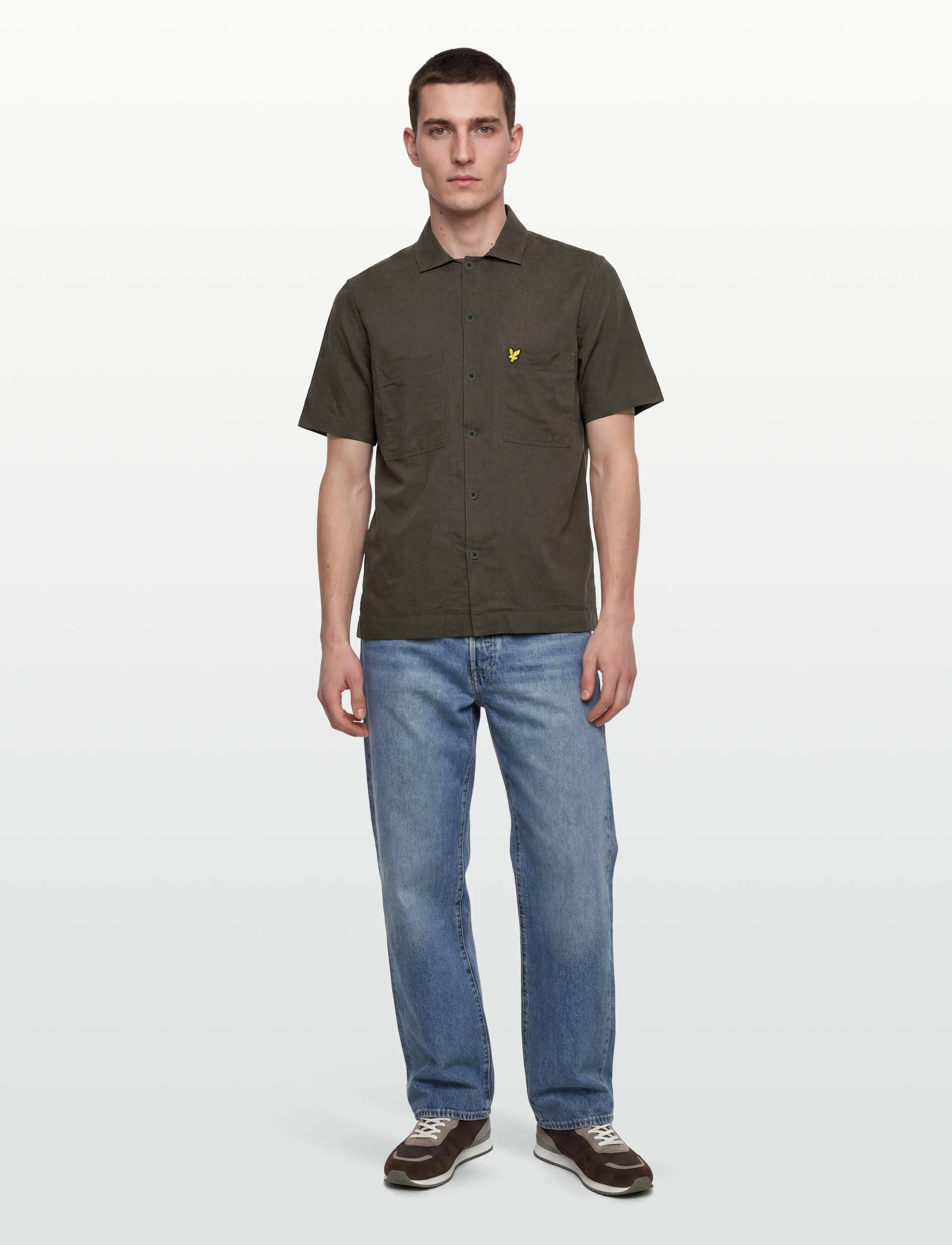 Lyle & Scott Cuban Collar Short Sleeve Shirt, XXL, Shirts, Khakigrün - Short-sleeved Männerswear
