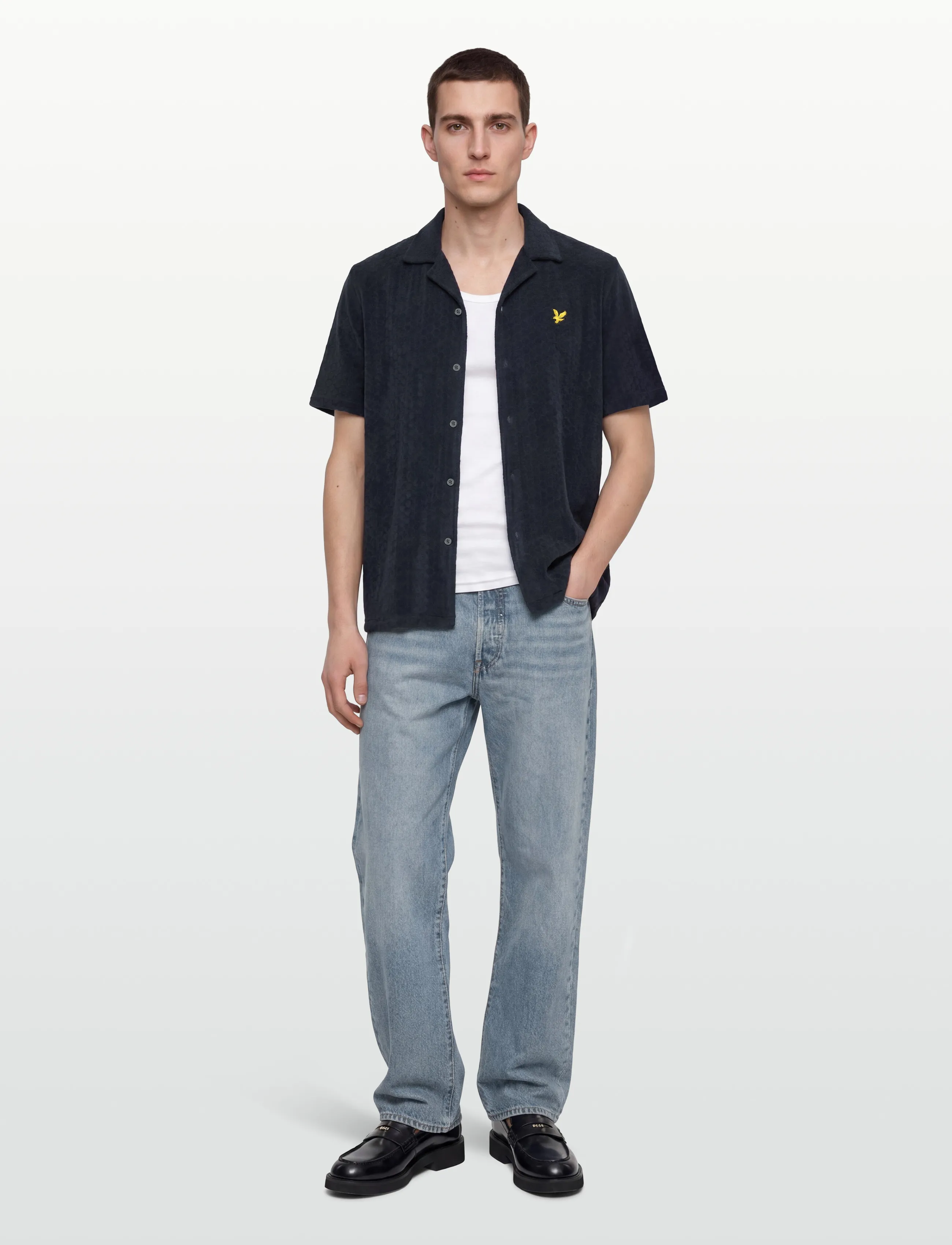 Lyle & Scott Honeycomb Towelling Resort Shirt - Riided - DARK NAVY / navy