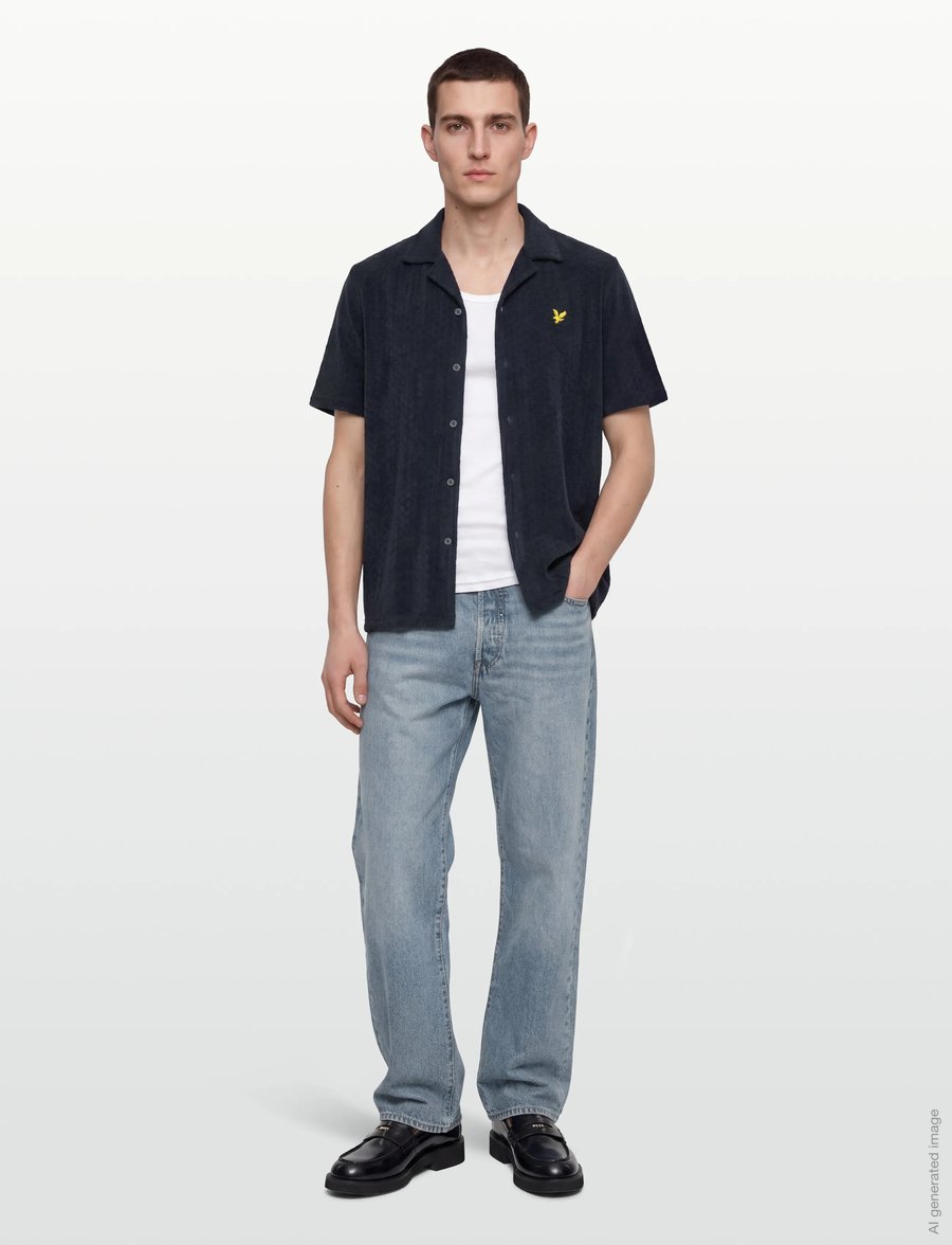 Lyle & Scott - Honeycomb Towelling Resort Shirt - kortärmade skjortor - dark navy - 0