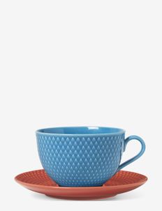 Rhombe Color Tea cup with matching saucer 39 cl blue/terraco, Lyngby Porcelæn