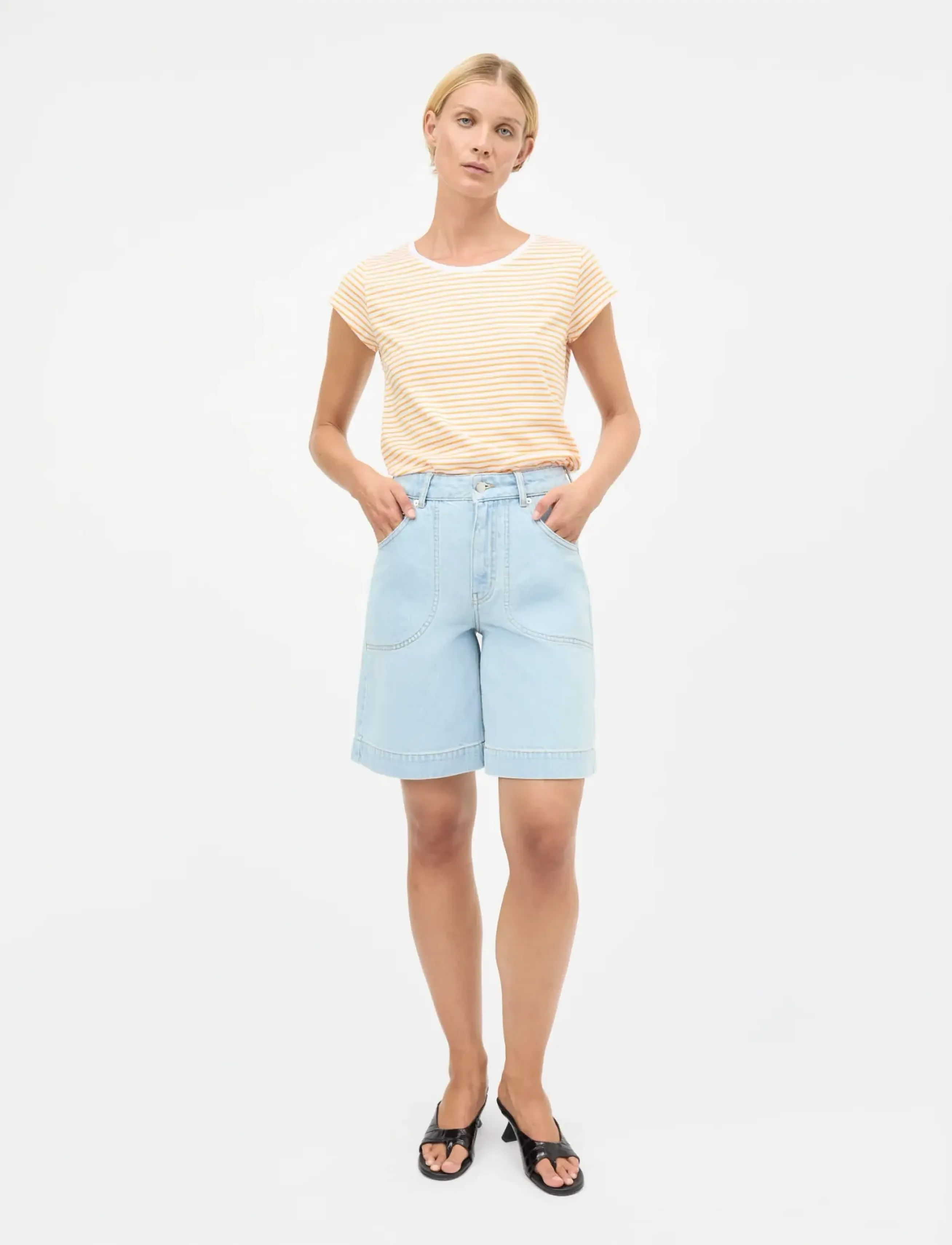 Mads Nørgaard Fine Jersey Stripe Teasy Tee FAV - T-shirts - BRILLIANT WHITE/ZINNIA / orange