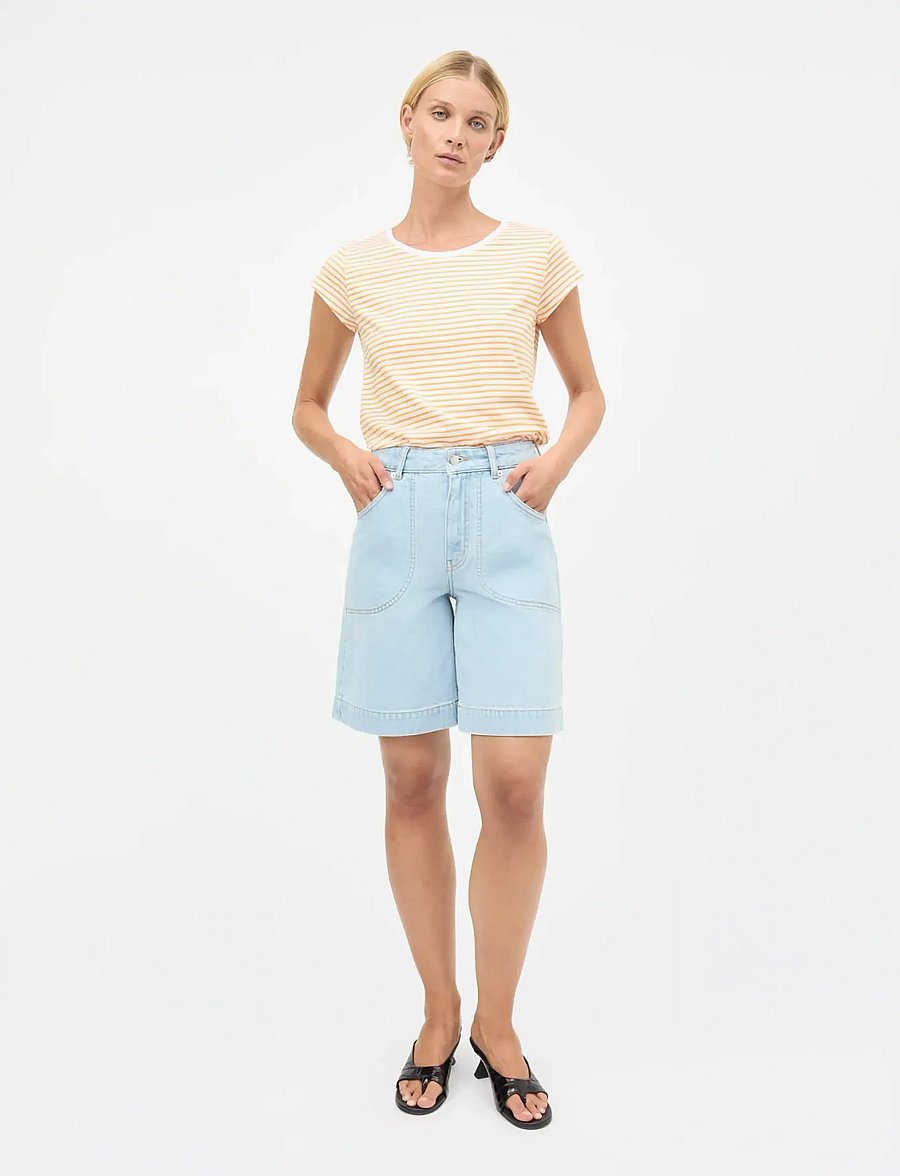 Mads Nørgaard - Fine Jersey Stripe Teasy Tee FAV - t-särgid - brilliant white/zinnia - 0