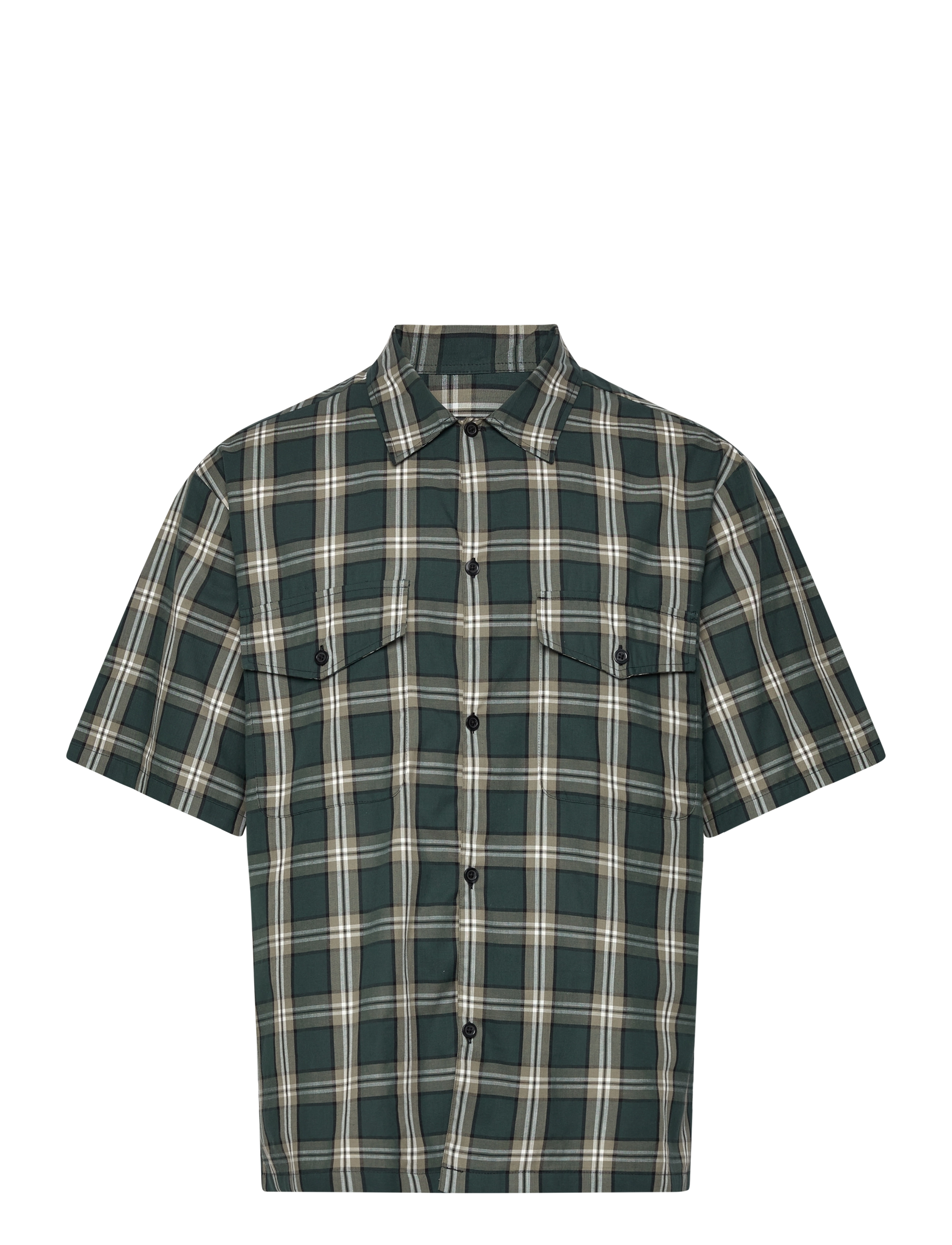 Mads Nørgaard Perola Cotton Check Mateo Shirt SS - Tøj - STORM / green