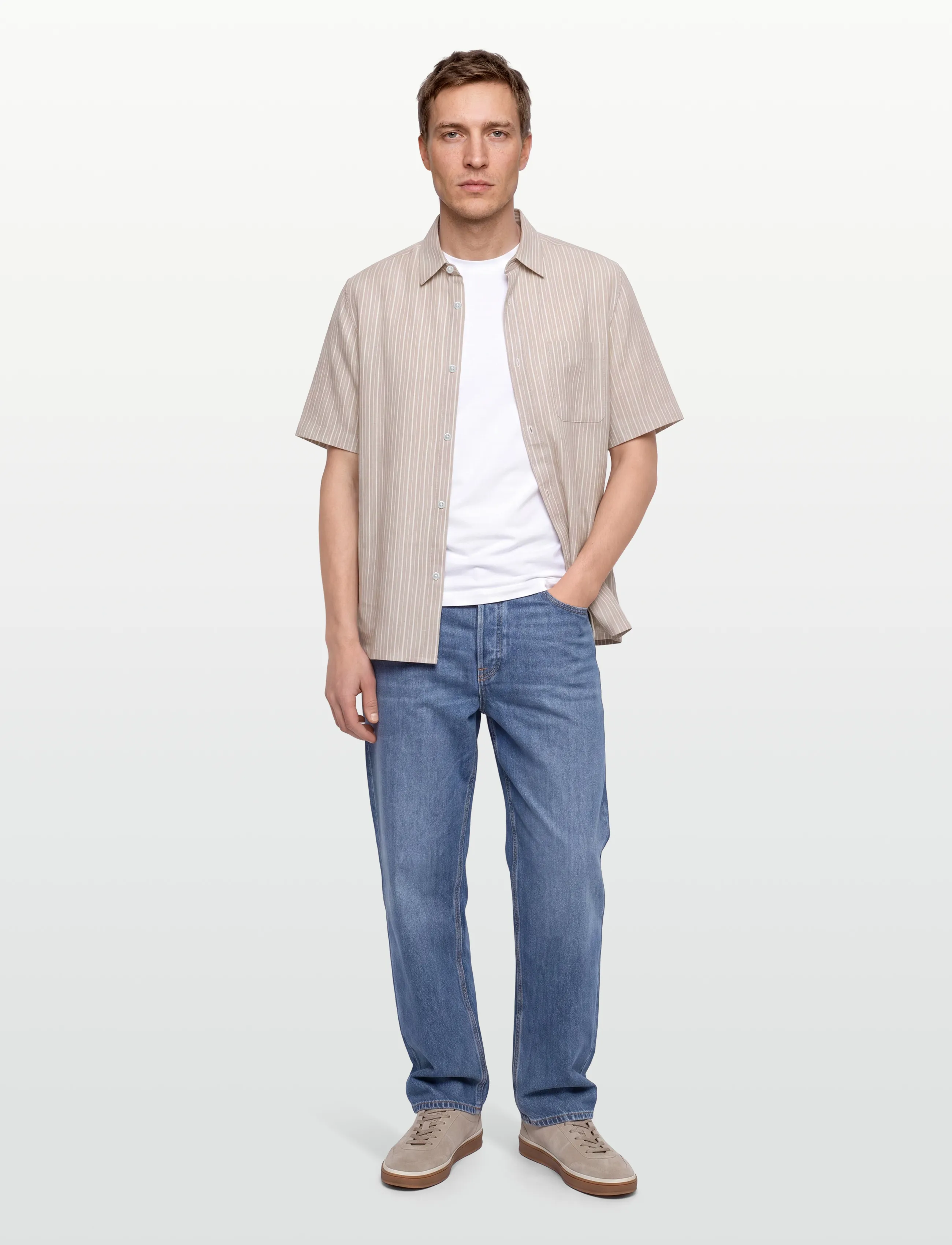 Mads Nørgaard Cotton Linen Victor Stripe Shirt Ss, S, Grey, Skjorter > Kortærmede Shirts, Herre
