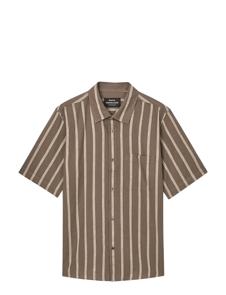 Mads Nørgaard - Cotton Linen Victor Stripe Shirt SS - hørskjorter - walnut/castle wall - 0