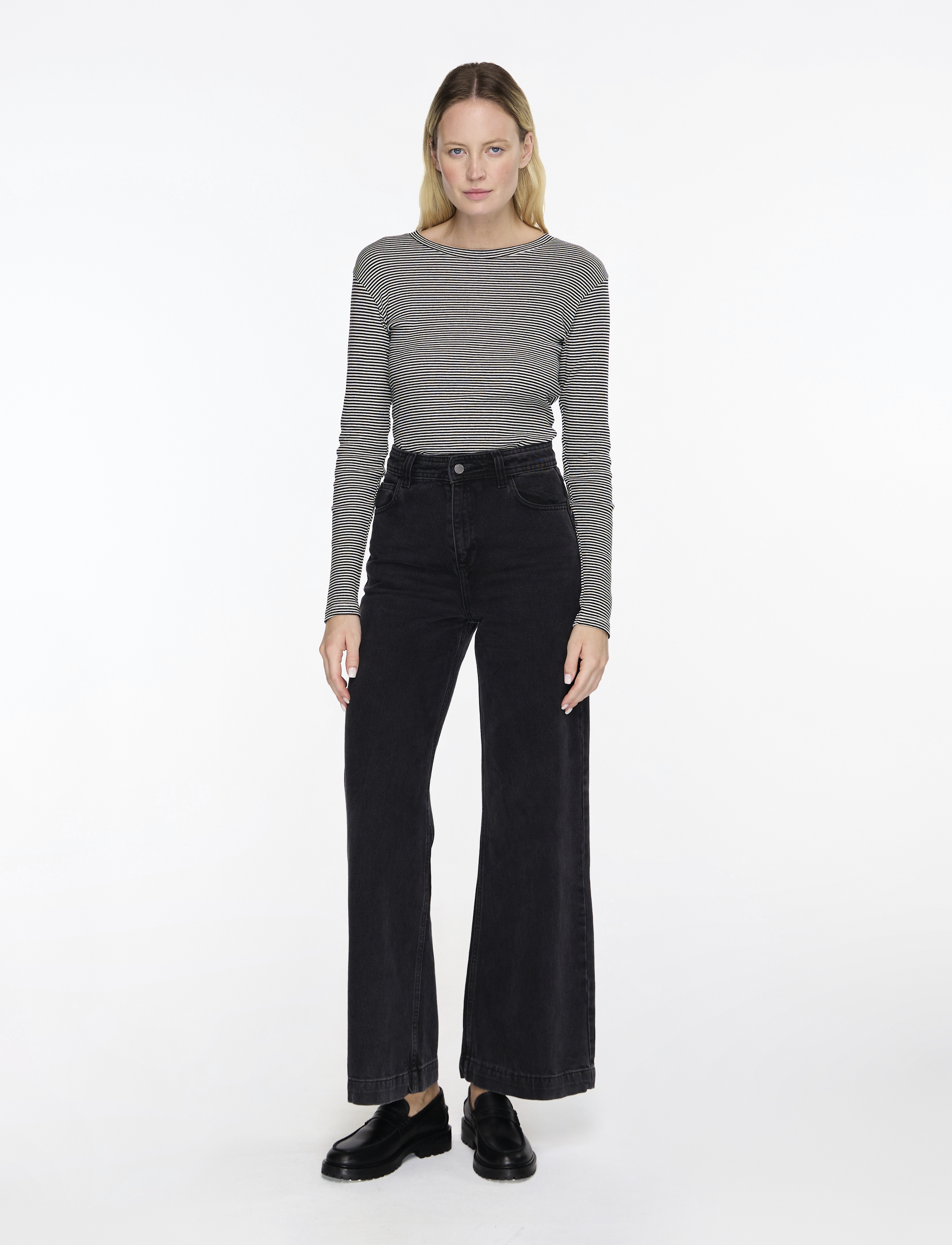 Mads Nørgaard - 2x2 Cotton Stripe Tuba Tee LS - langärmlige tops - black/vanilla ice - 2