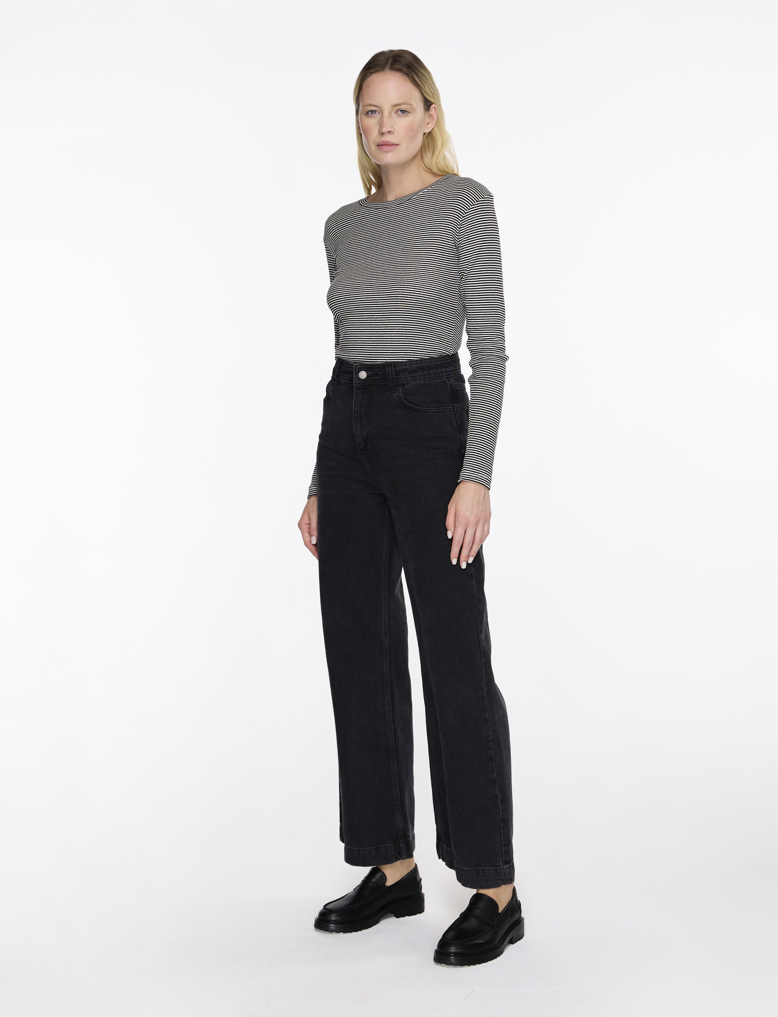 Mads Nørgaard - 2x2 Cotton Stripe Tuba Tee LS - langärmlige tops - black/vanilla ice - 3